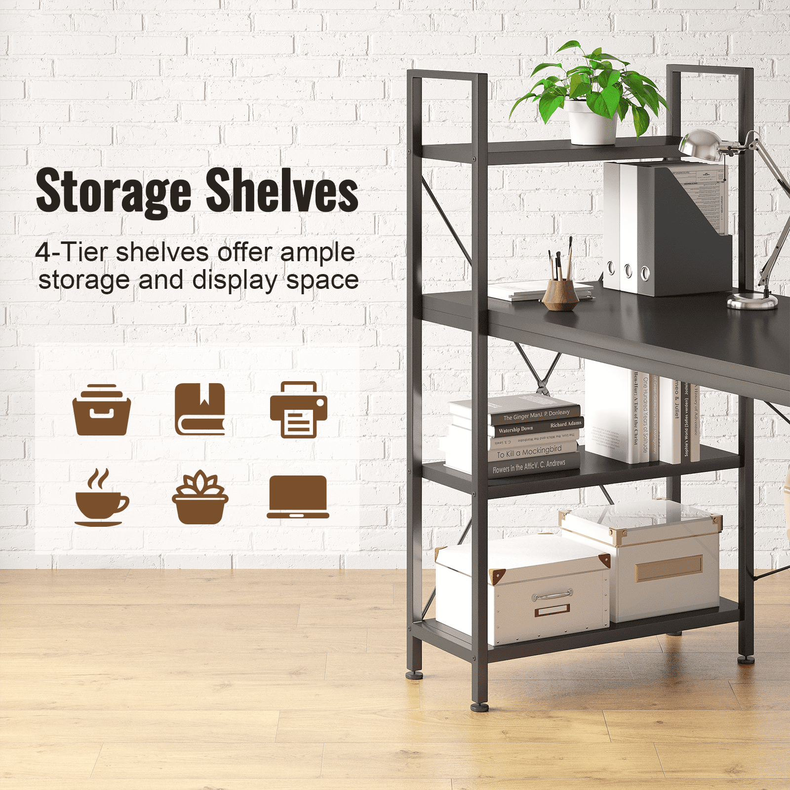 Furnibear 47 inch L-Shape Computer Desk, Wood Computer Desk with Reversible Shelves, Study Writing Table with Hooks, Office Desk Workstation for Home Office