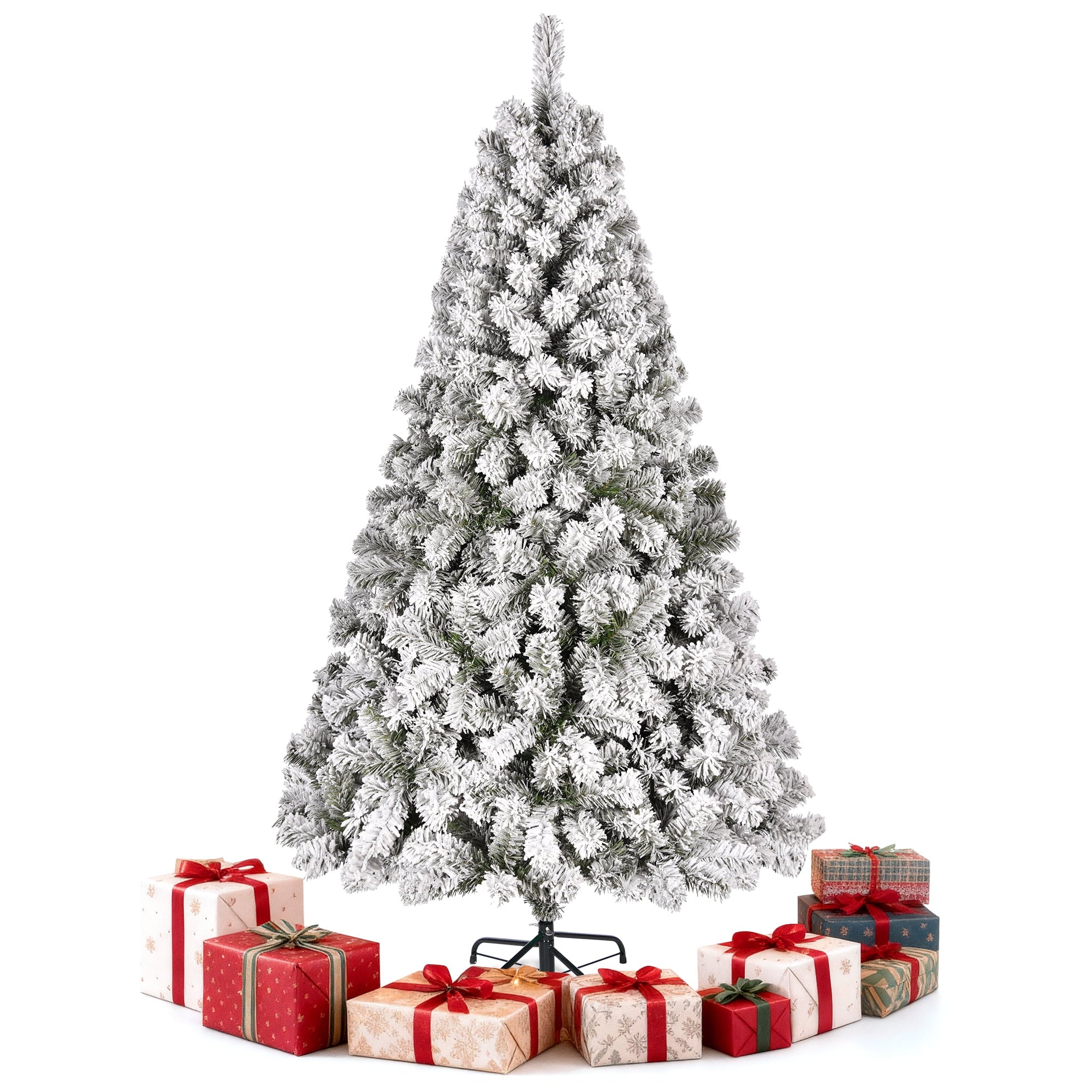 Furnibear 6ft Flocked Artificial Christmas Tree, 1000 Tips Unlit Snowy Tree with Automatic Fluffing