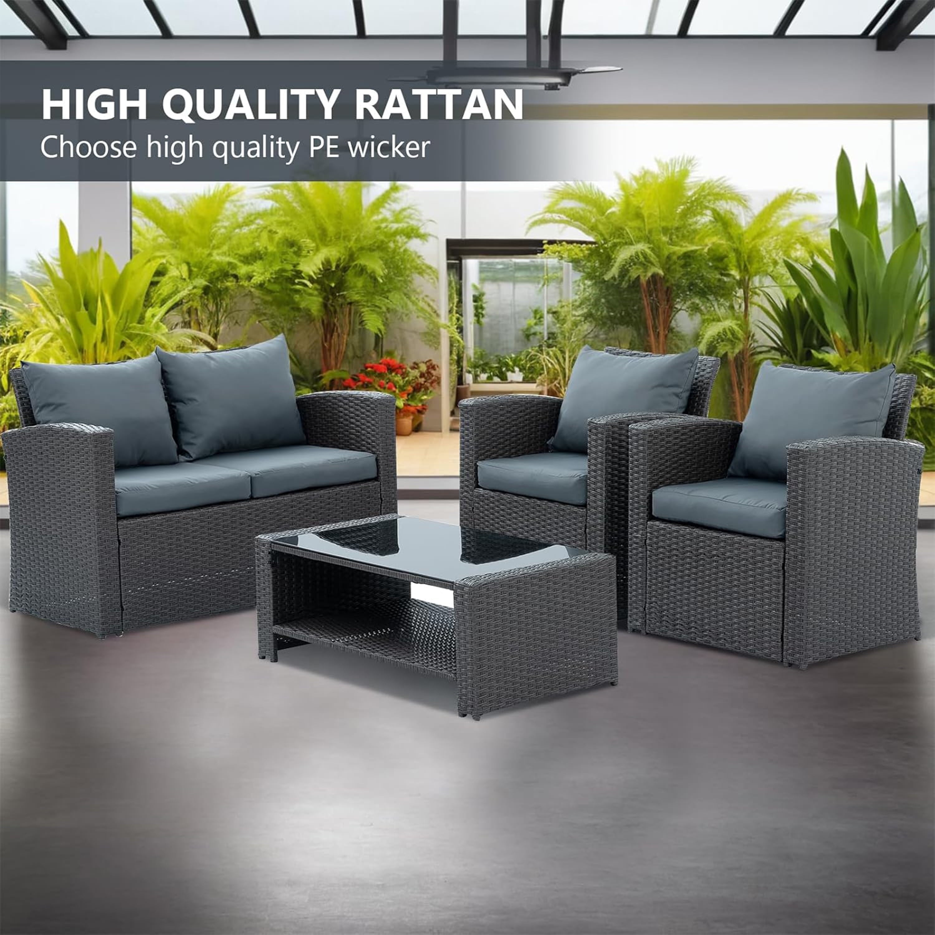 Furnibear 4 Pieces Patio Conversation Set, Outdoor Rattan Sectional Sofa, Cushioned Patio Furniture Set, Wicker Sofa Ideal for Garden, Porch, Backyard