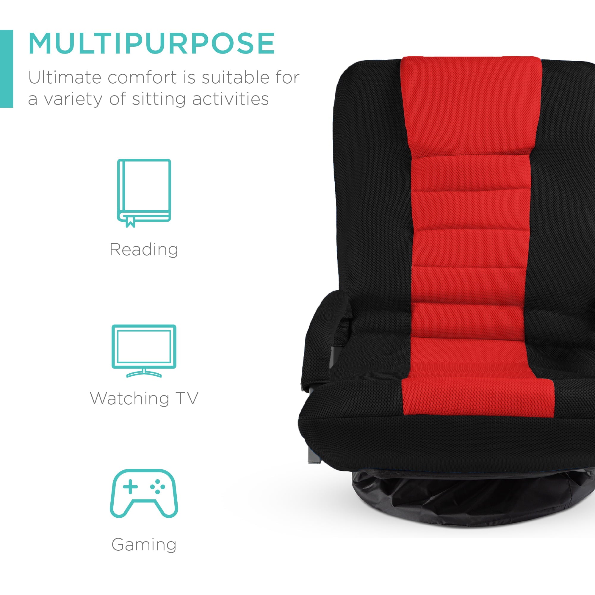 360-Degree Swivel Gaming Floor Chair w/ Armrest Handles, Foldable Adjustable Backrest - Black/Red