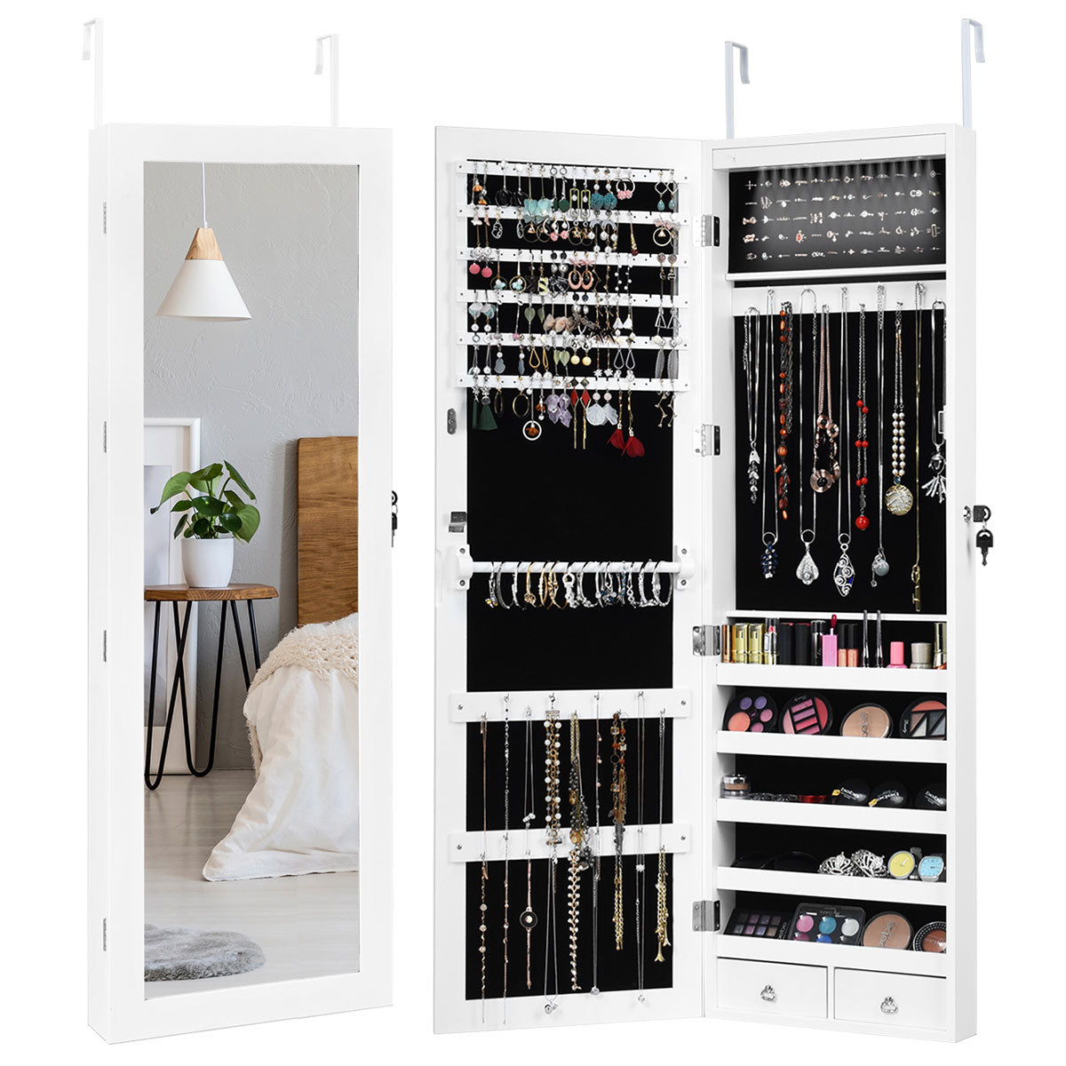 Wall Door Mounted Mirror Jewelry Cabinet Organizer w/LED Light