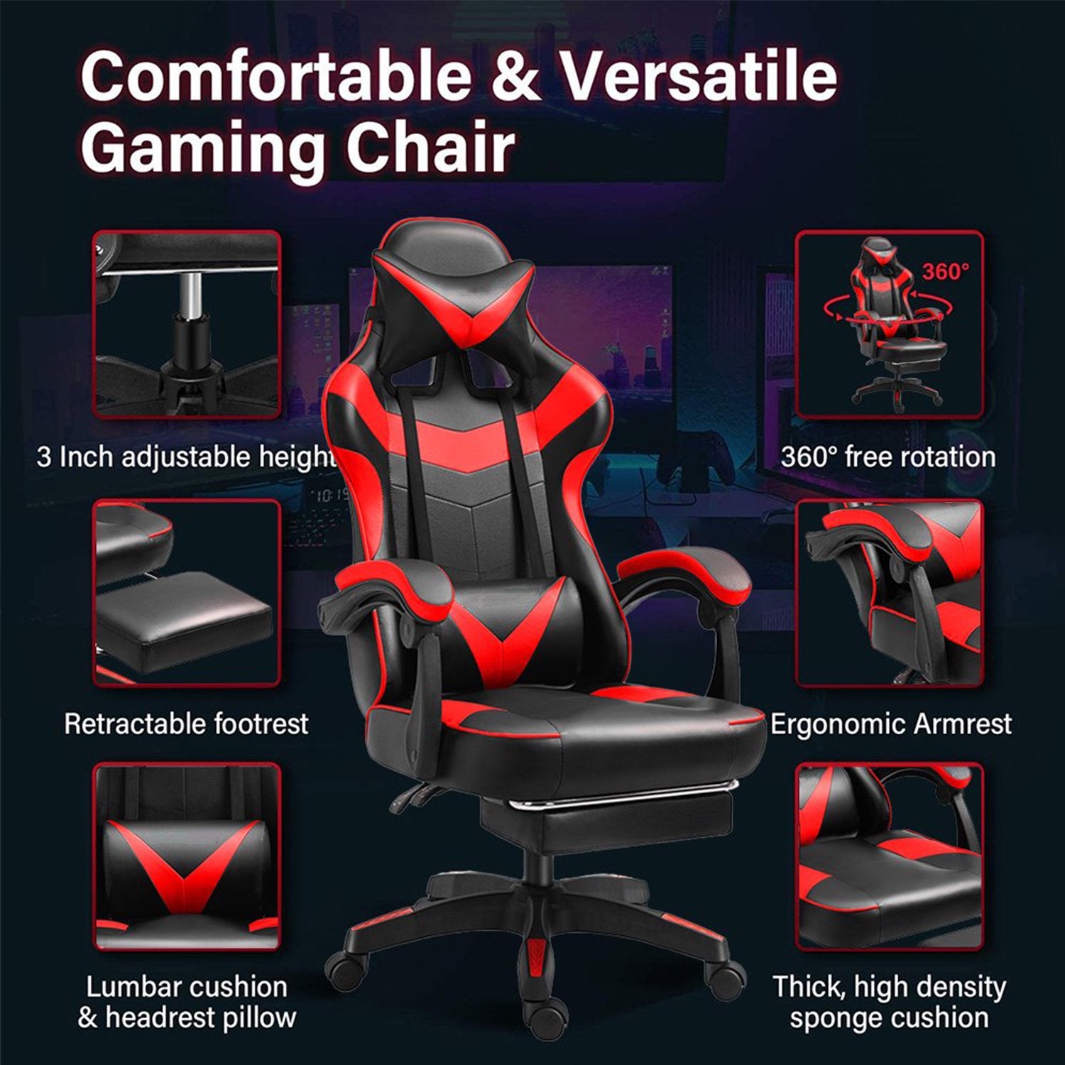 Gaming Chair Office Computer Chair with Footrest Red