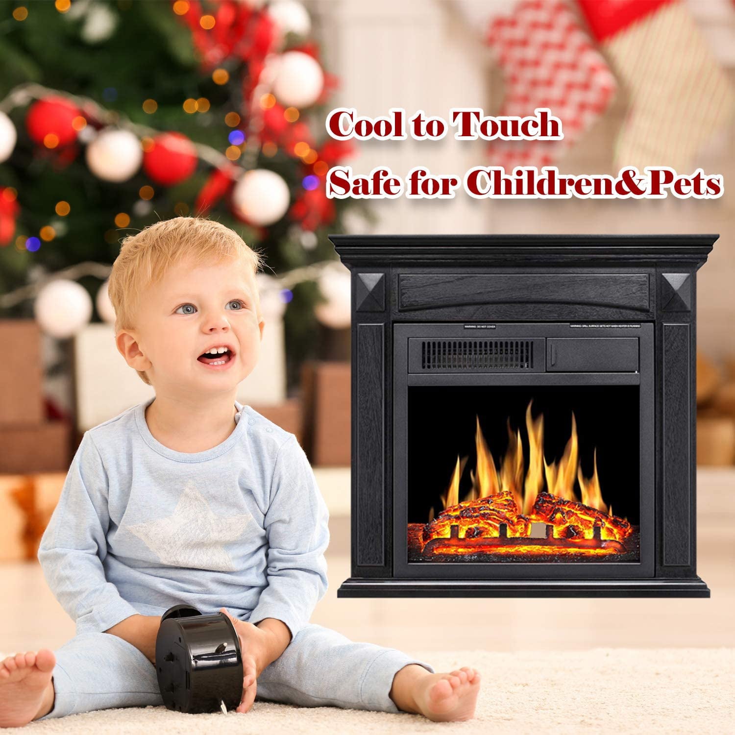 Electric Fireplace Mantel Wooden Surround Firebox, Freestanding Fireplace, Home Space Heather, Adjustable Led Flame, Remote Control,750W/1500W, Black