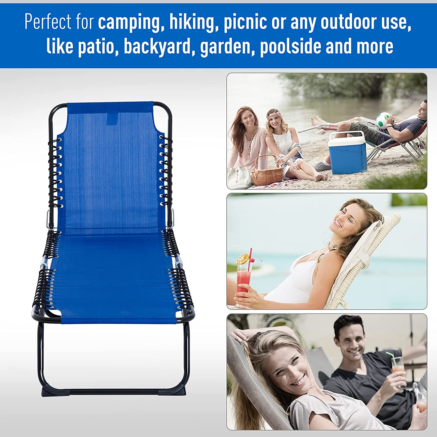 Folding Chaise Lounge Pool Chairs, Outdoor Sun Tanning Chairs, Folding, Reclining Back, Steel Frame  Breathable Mesh for Beach, Yard, Patio, Dark Blue