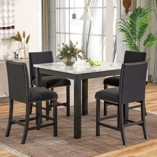 5 piece Counter Height Dining Table Set with One Faux Marble Dining Table and Four Upholstered Seat Chairs