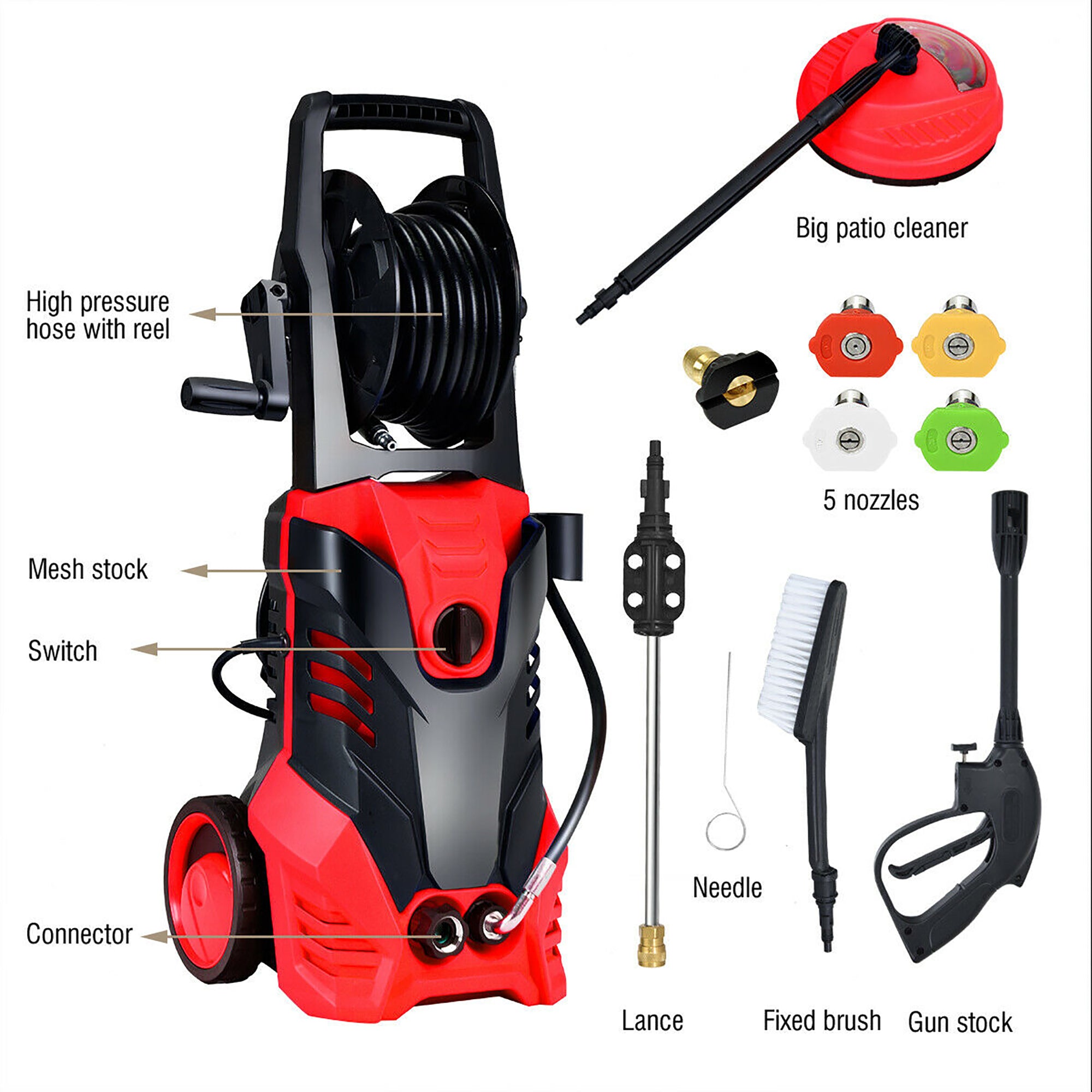 3000PSI Electric High Pressure Washer Machine 2 GPM 2000W w/ Deck Patio Cleaner, Red