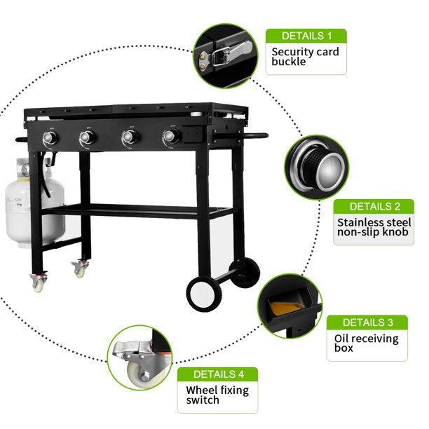 ALPULON 60000BTU 4 Burner Foldable Outdoor Propane Gas Grill , Black