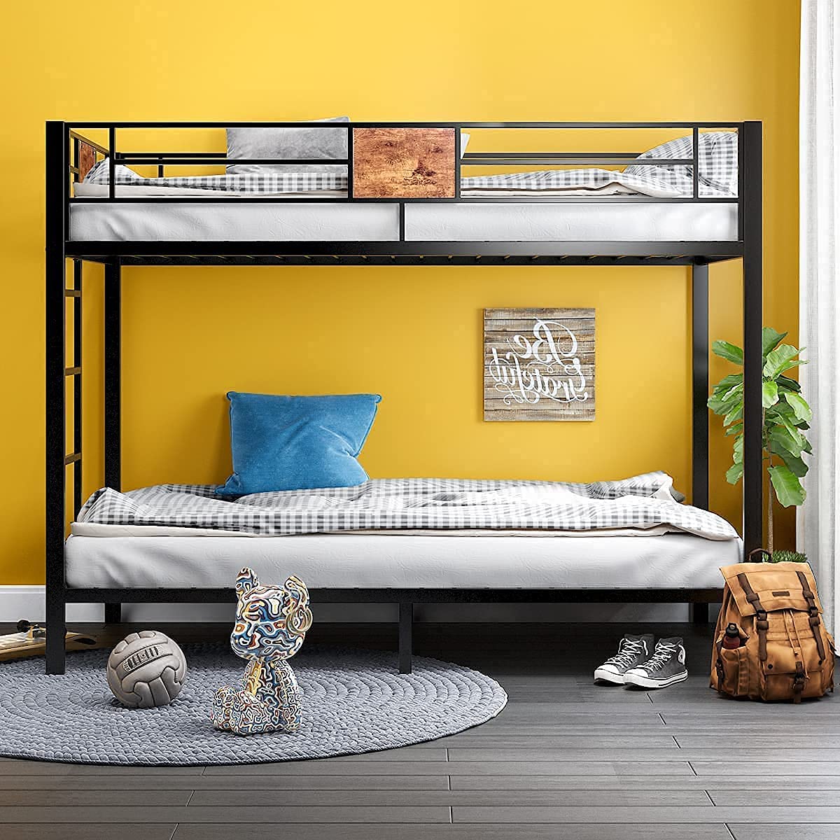 Bunk Bed Twin Over Twin Size with Ladder and Full-Length Guardrail, Metal Bunk Bed, Storage Space, No Box Spring Needed, Noise Free, Black