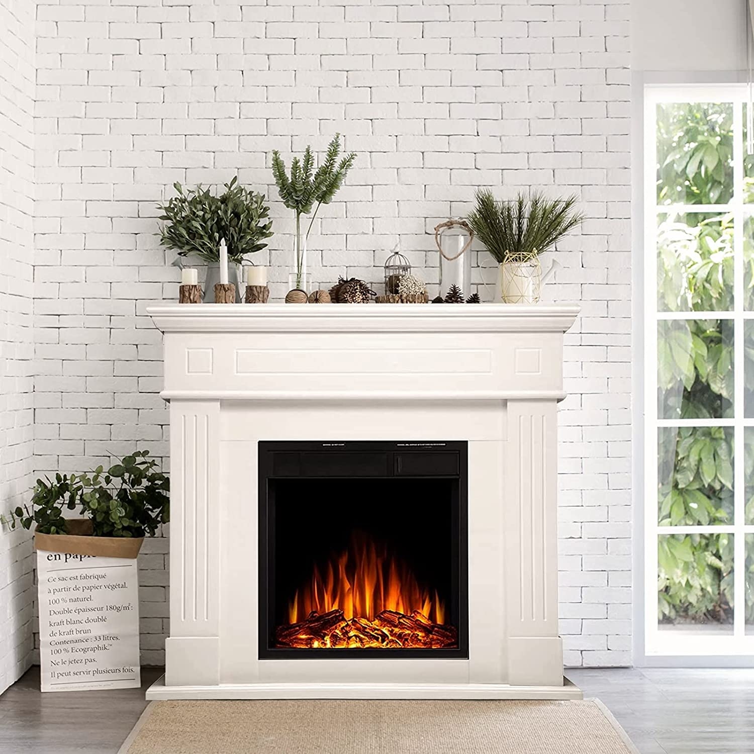 Electric Fireplace Mantel Wooden Surround Firebox, Freestanding Fireplace, Home Space Heather, Adjustable Led Flame, Remote Control,750W/1500W,Ivory White