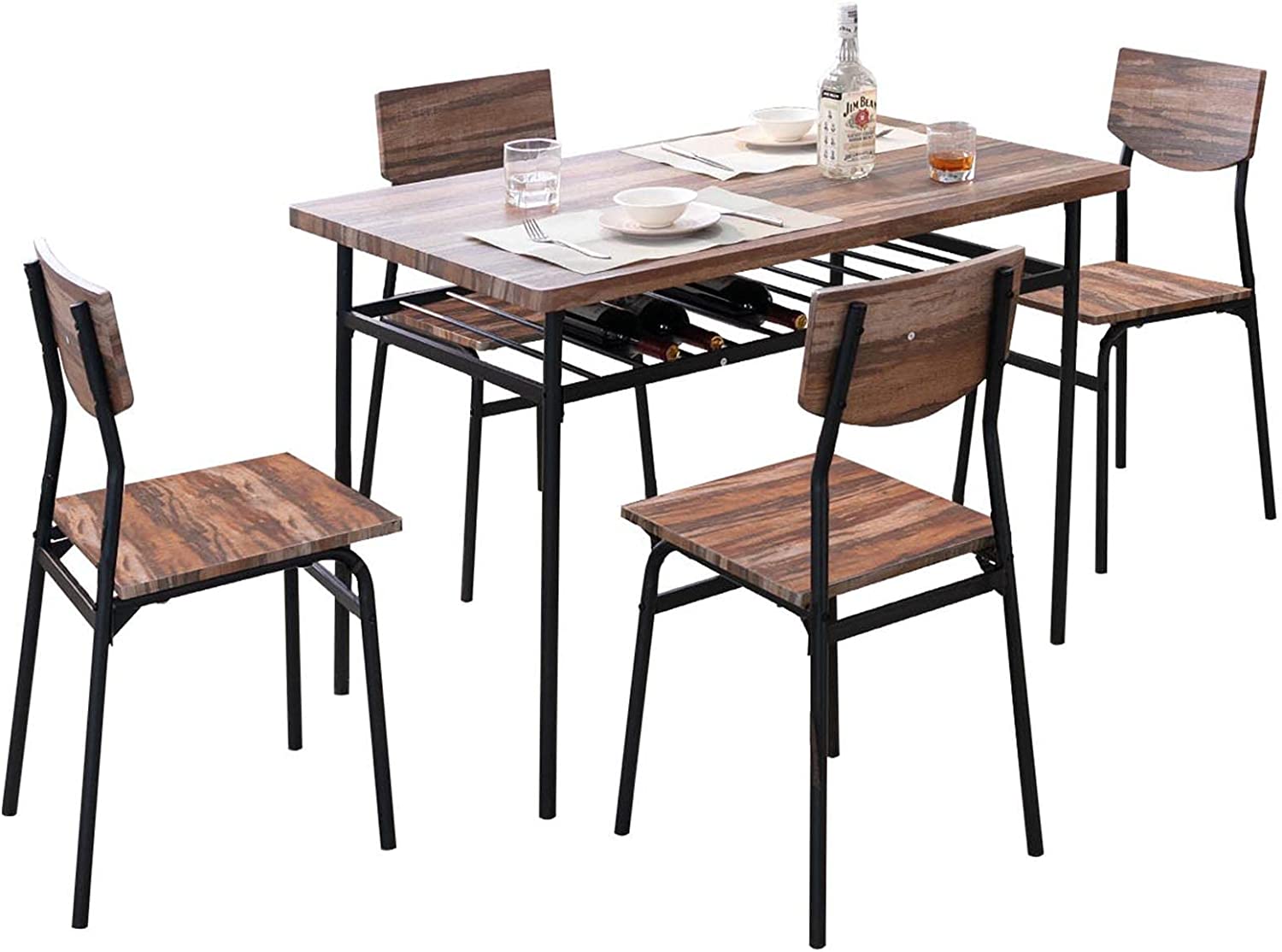 Dining Table Set 5-Piece Metal and Wood Rectangular Dining Room Table