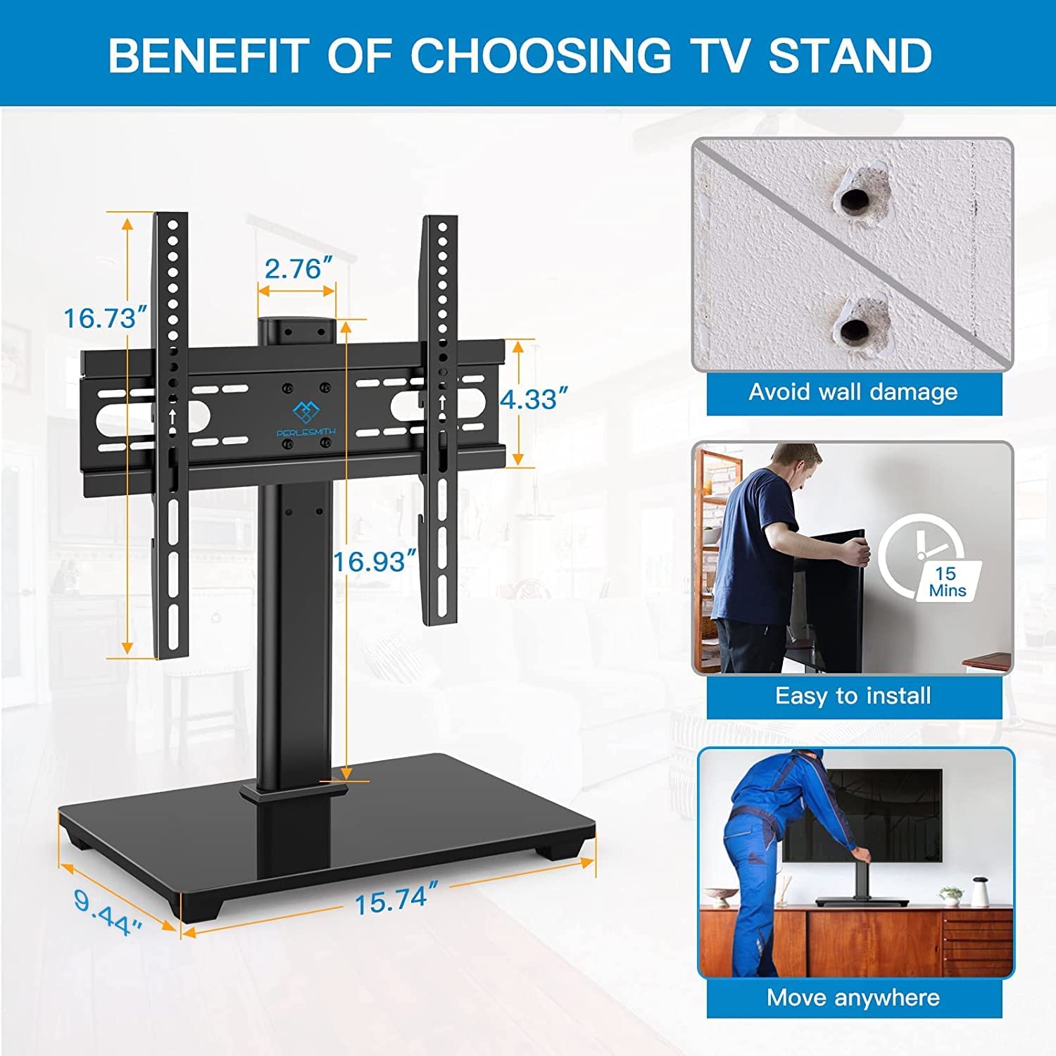 TV Stand, Table Top TV Stand for 32-55 inch LCD LED TVs, Height Adjustable TV Base Stand with Tempered Glass Base Wire Management, Max