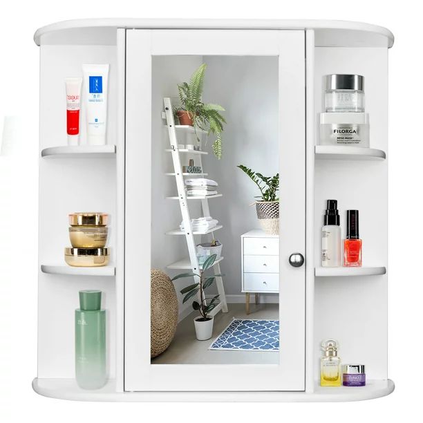 Wooden Bathroom Wall Mounted Storage Cabinet with Mirror Door  8 Shelves, White