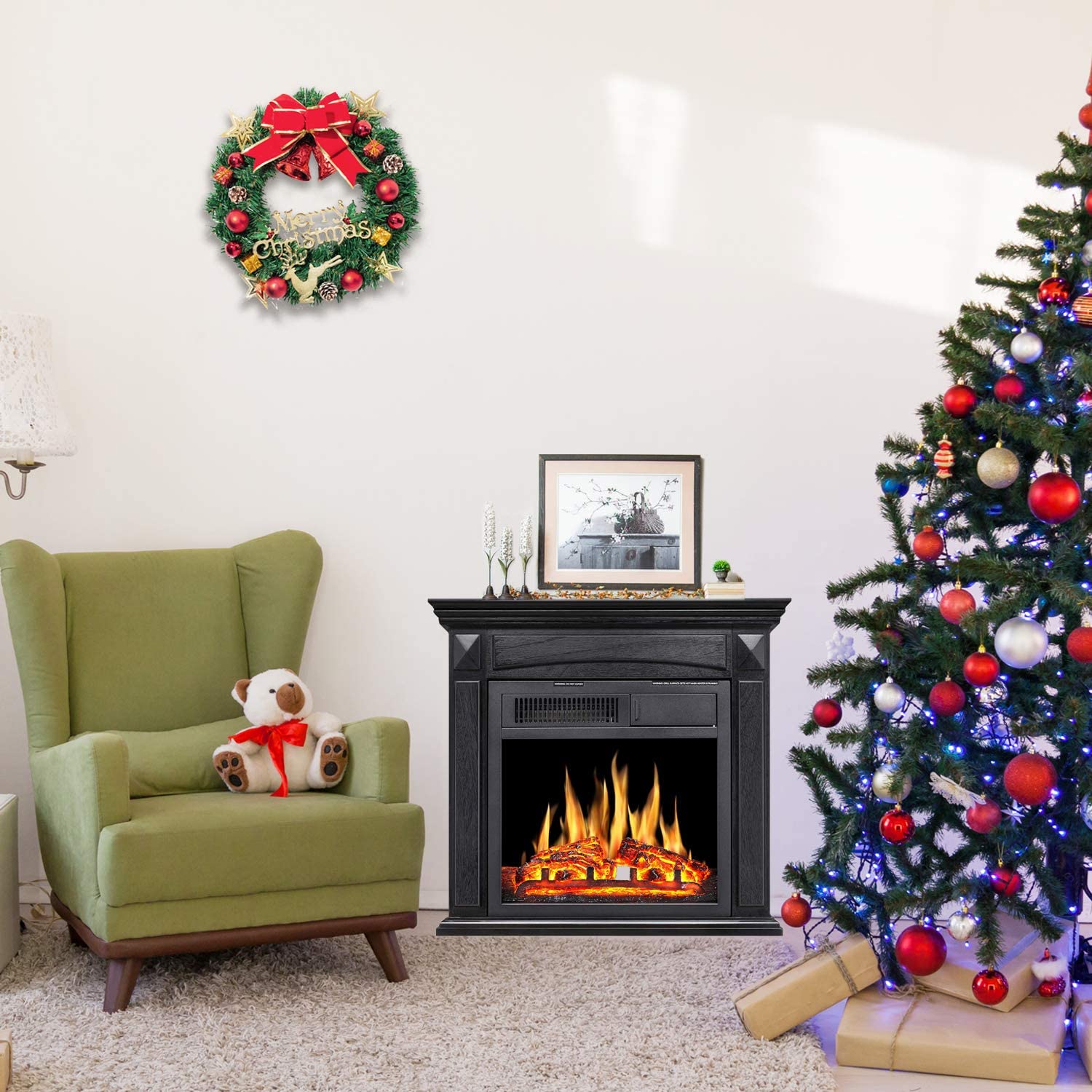 Electric Fireplace Mantel Wooden Surround Firebox, Freestanding Fireplace, Home Space Heather, Adjustable Led Flame, Remote Control,750W/1500W, Black