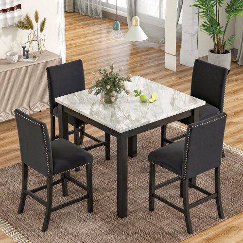 5 piece Counter Height Dining Table Set with One Faux Marble Dining Table and Four Upholstered Seat Chairs