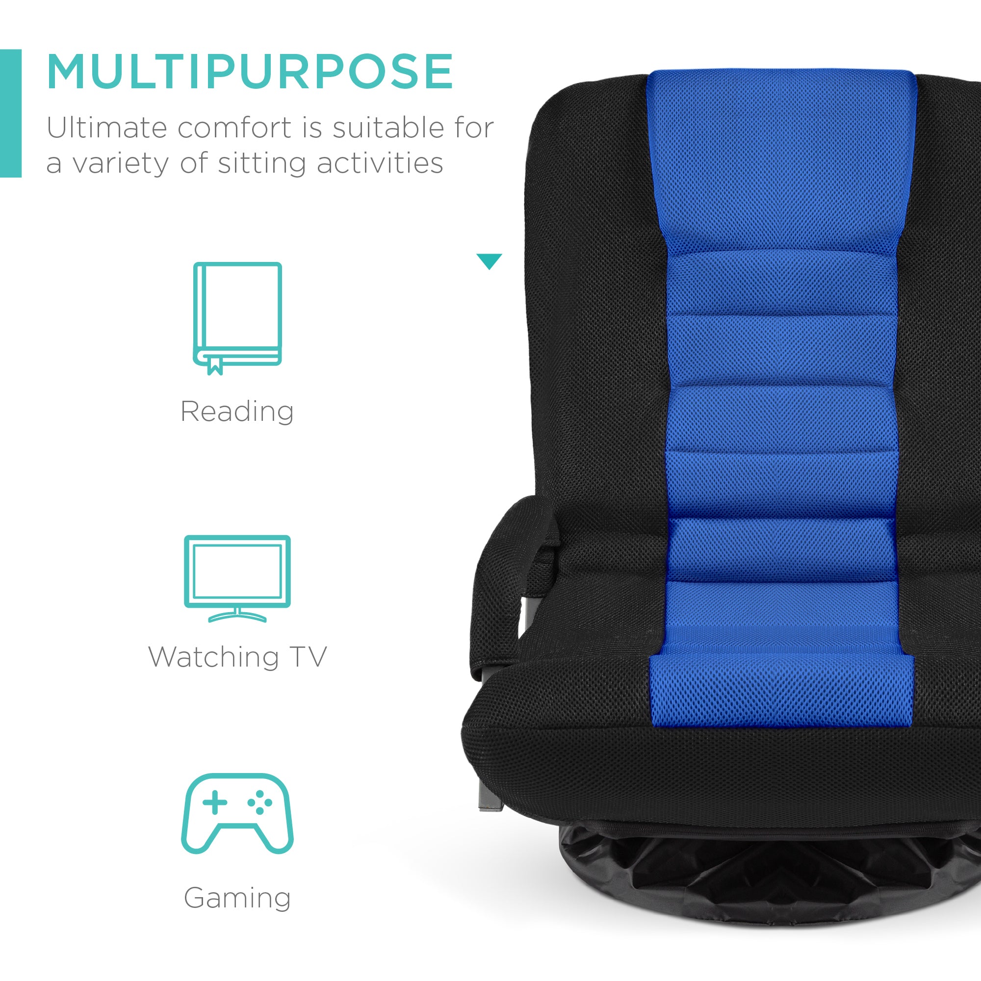 360-Degree Swivel Gaming Floor Chair w/ Armrest Handles, Foldable Adjustable Backrest - Black/Blue