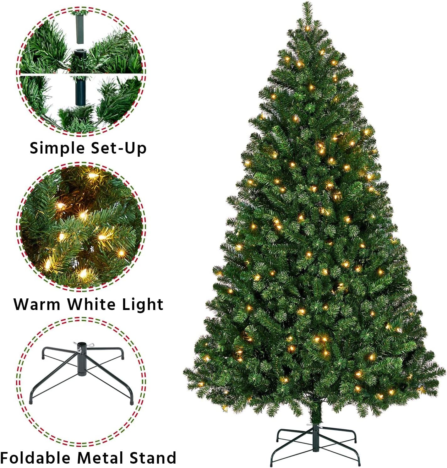 6ft Pre lit Spruce Artificial Hinged Christmas Pine Tree Prelighted Holiday Xmas Tree for Home Party Decoration with 300 Warm White Lights and 818 Branch Tips, Green
