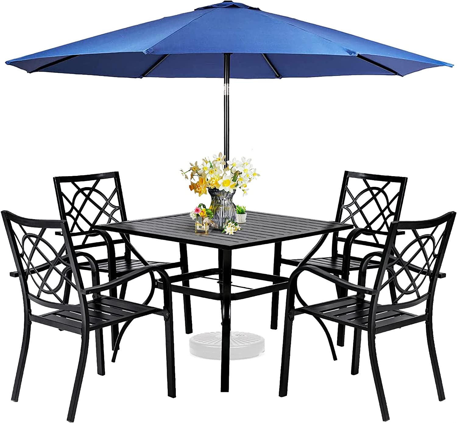5 Piece Outdoor Wrought Iron Chairs and Table Patio Dining Furniture Set - 4 Stackable Metal Chairs, 1 Steel Slat Bistro Table and 1 Dark Blue 9Ft Patio Umbrella for Garden Backyard Deck