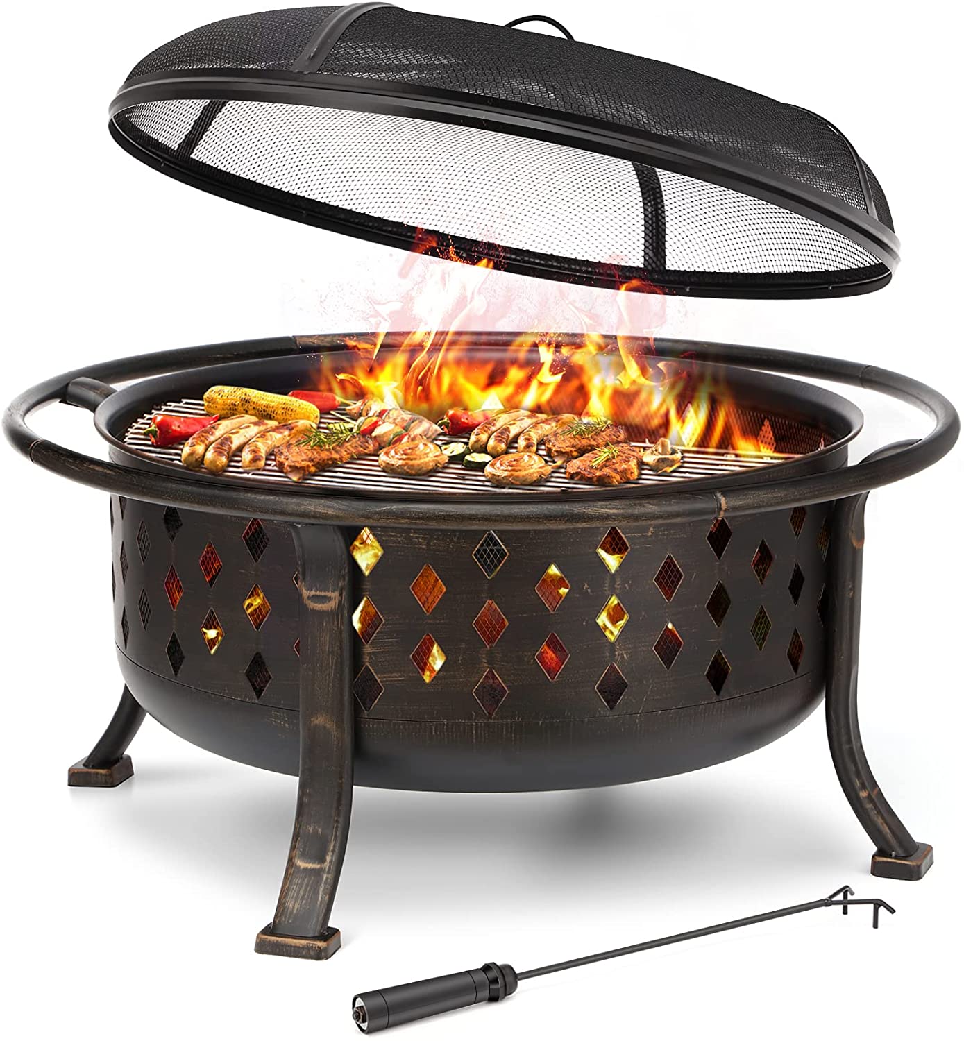 36 Inch Fire Pits for Outside Large Outdoor Wood Burning Crossweave firepit Heavy Duty Steel Bronze Bonfire Pit for Patio Backyard Garden with BBQ Grate,Spark Screen,Log Grate,Poker