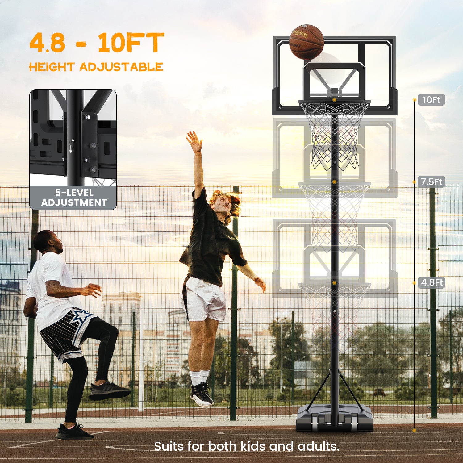 44in Portable Basketball Hoop Goal 4.8 - 10 Ft. Height Adjustable for Outdoor Indoor Court
