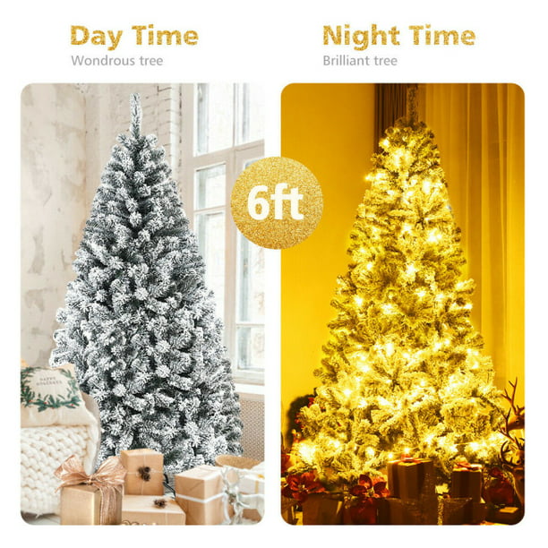 6ft Artificial Snow Decorated Flocked Hinged Christmas Tree with Metal Stand, White