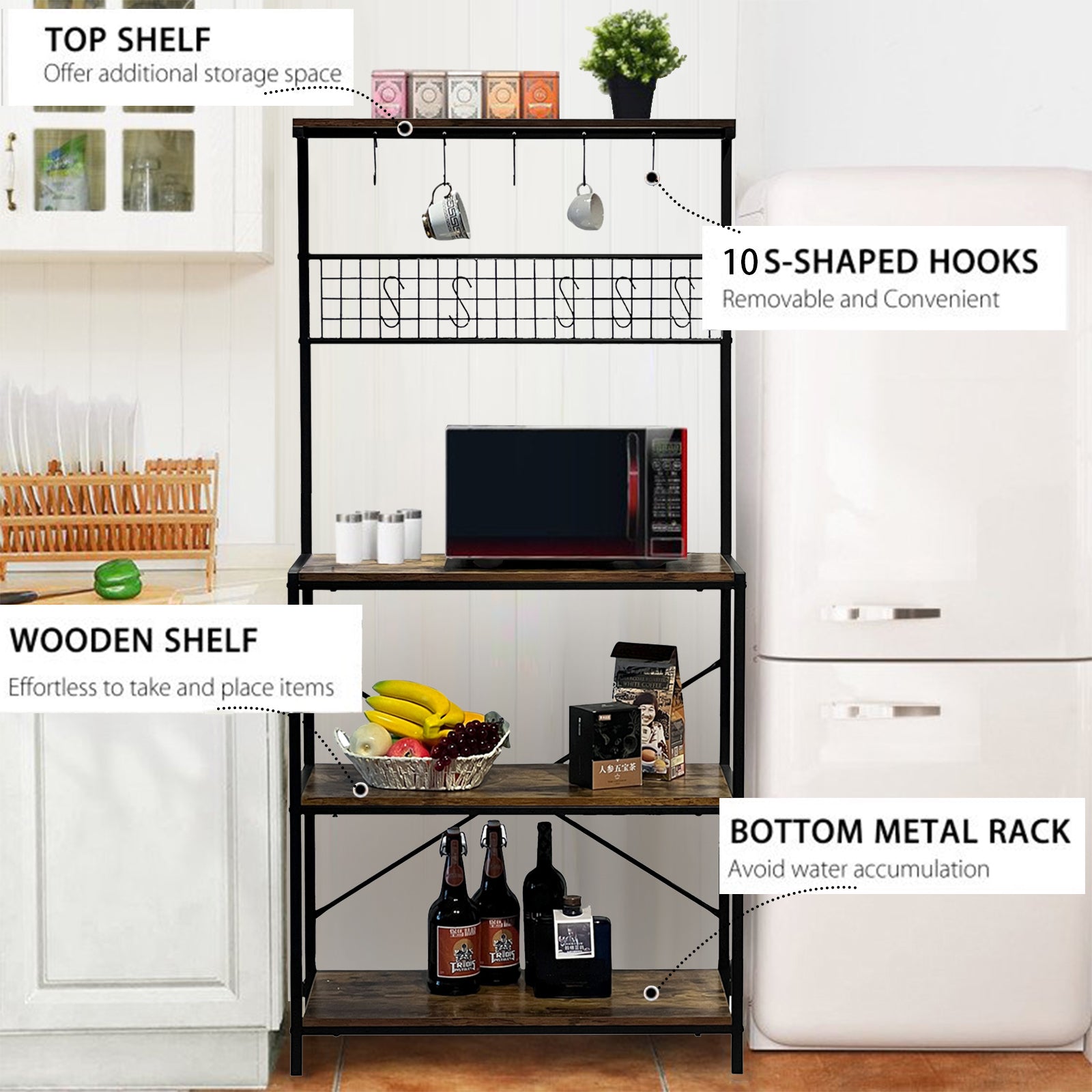 4 Tier Baker's Rack for Kitchens Rack Storage Shelf Cart with Hanging Hooks Brown