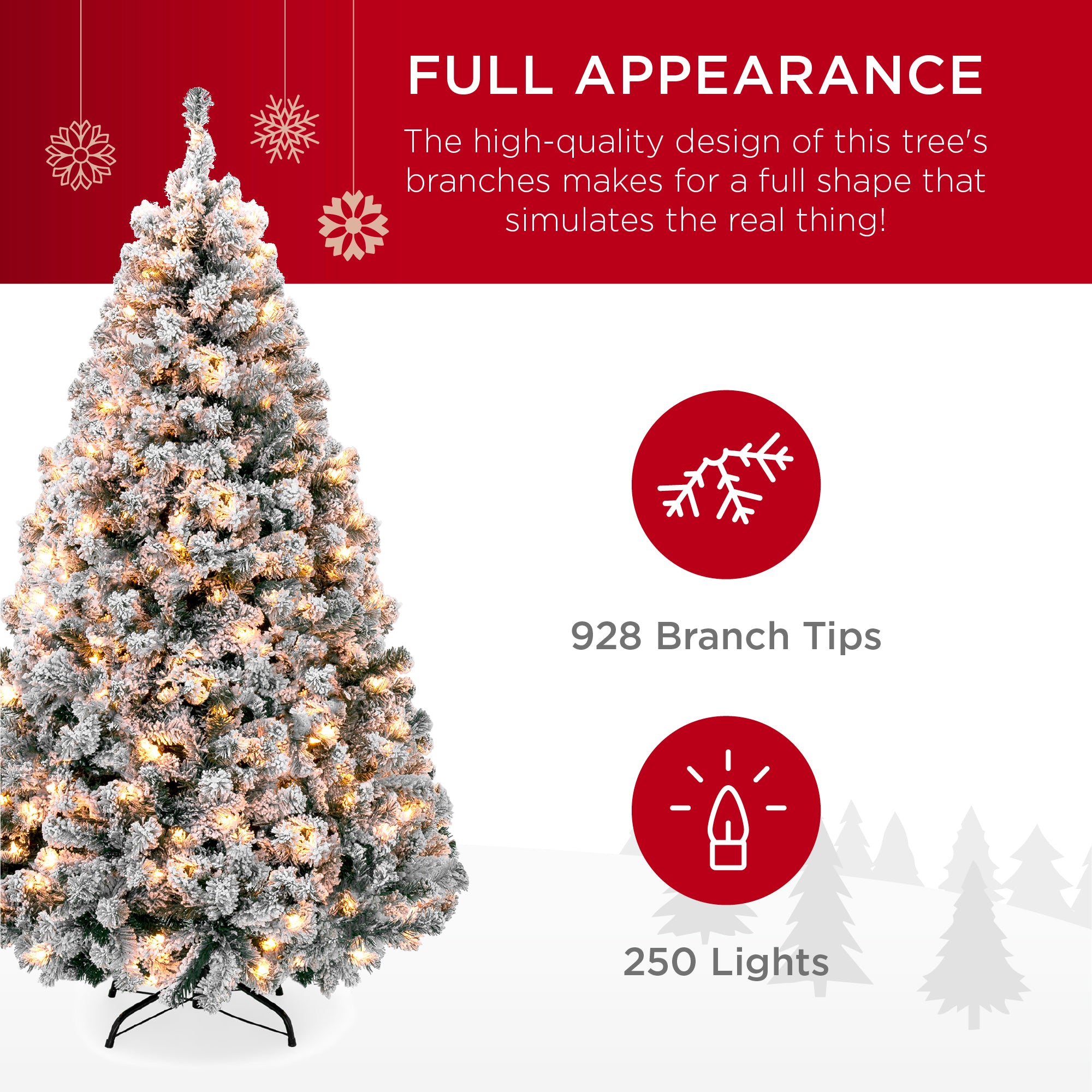 7ft Pre-Lit Holiday Christmas Pine Tree w/ Snow Flocked Branches, 250 Warm White Lights