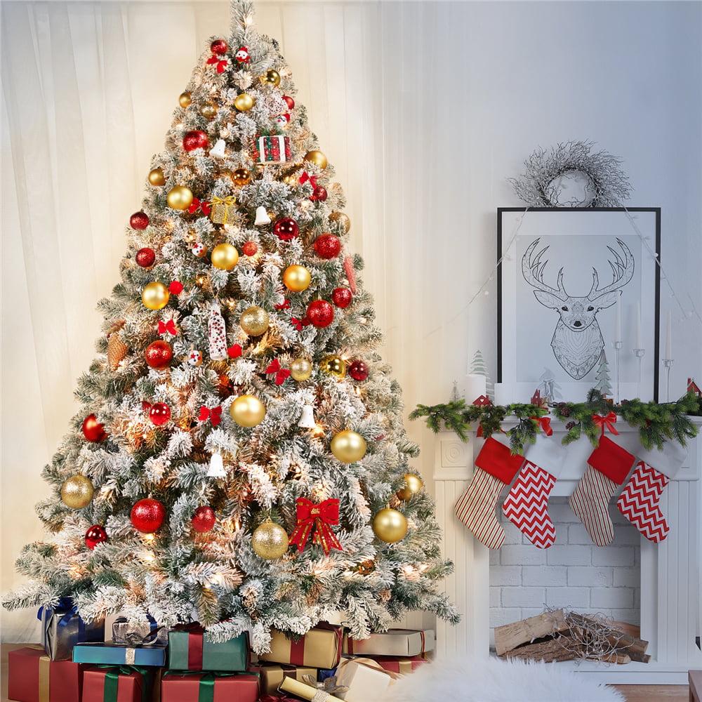 7.5Ft Pre-lit Flocked Artificial Christmas Tree with Foldable Stand and Warm Lights, Green