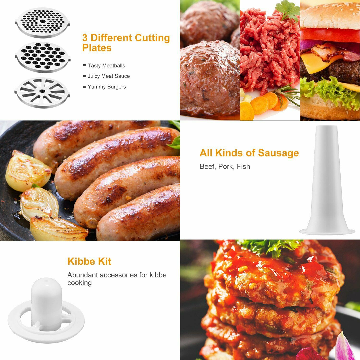 1200W Electric Meat Grinder with Sausage Kit 3 Grinder Plates, White