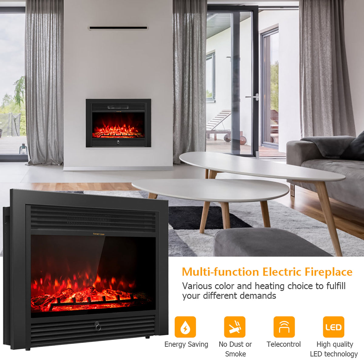 28.5in Fireplace Electric Embedded Insert Heater Glass Log Flame Remot ...