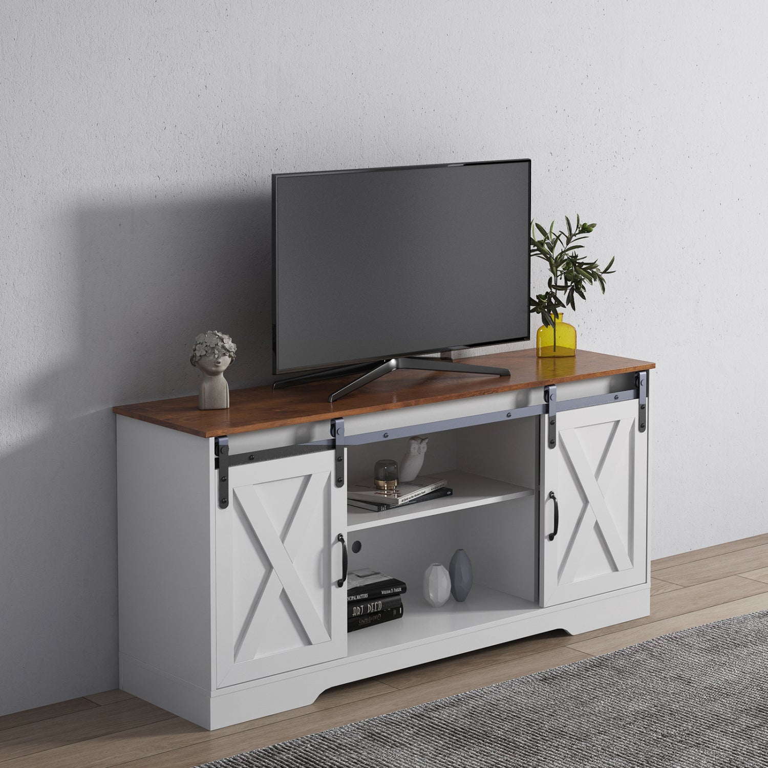 TV Stand Sliding Barn Door ModernFarmhouse Wood Entertainment Center, Storage Cabinet Table Living Room with Adjustable Shelves for TVs