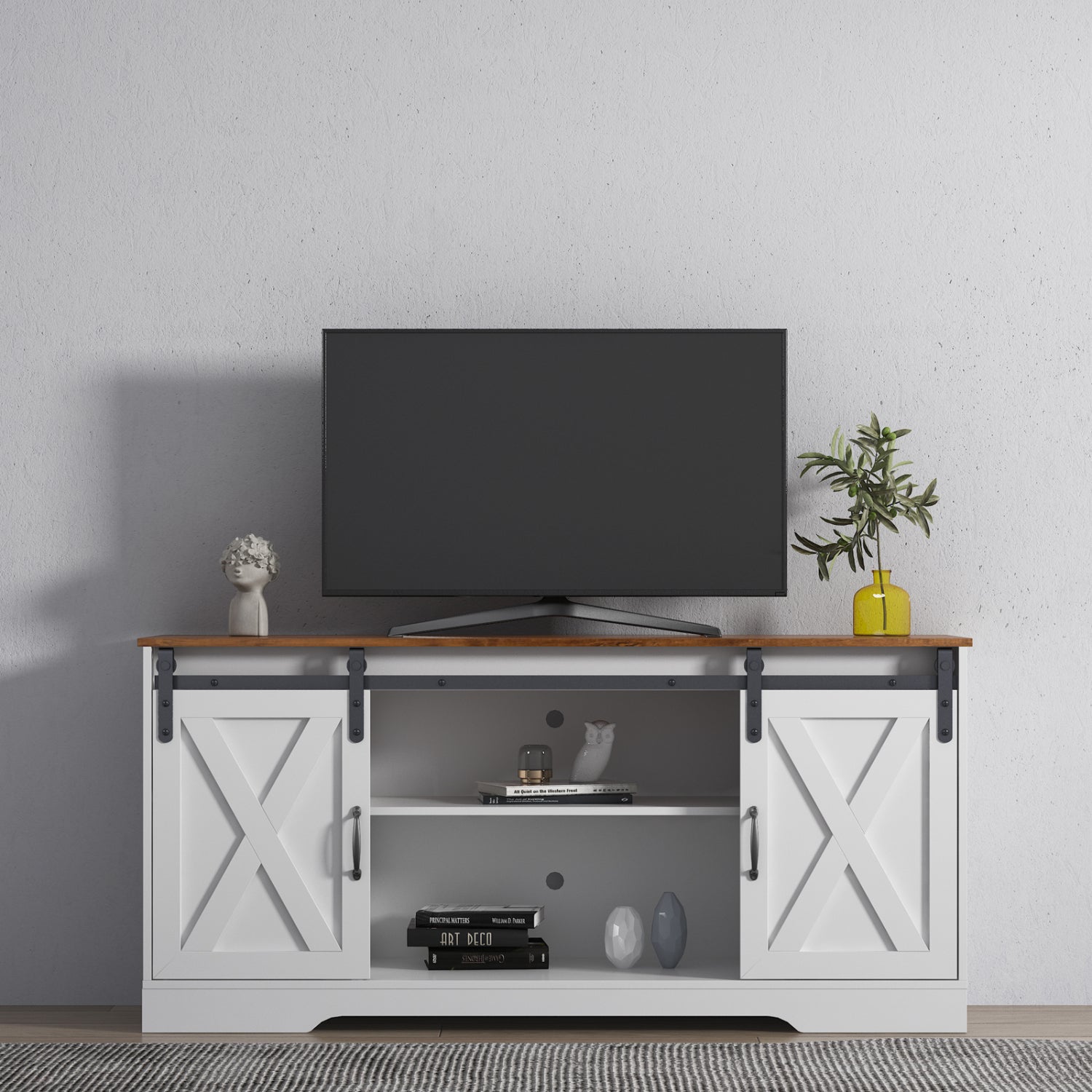 TV Stand Sliding Barn Door ModernFarmhouse Wood Entertainment Center, Storage Cabinet Table Living Room with Adjustable Shelves for TVs