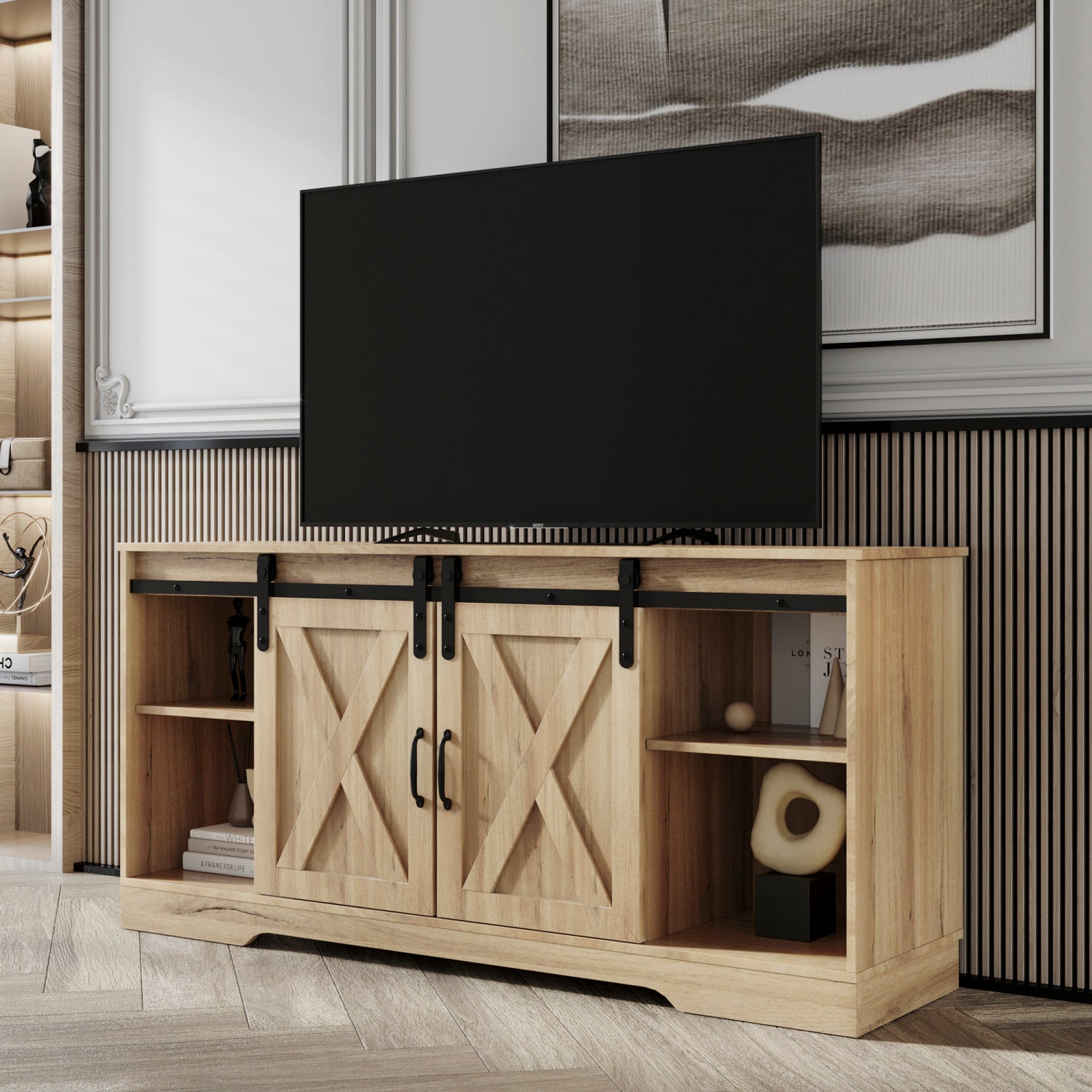TV Stand Sliding Barn Door ModernFarmhouse Wood Entertainment Center, Storage Cabinet Table Living Room with Adjustable Shelves for TVs