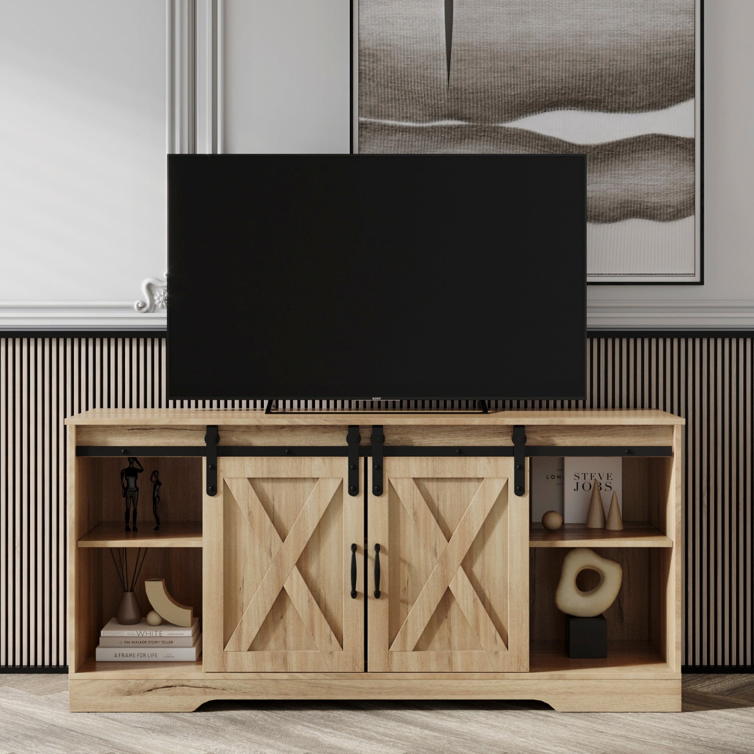 TV Stand Sliding Barn Door ModernFarmhouse Wood Entertainment Center, Storage Cabinet Table Living Room with Adjustable Shelves for TVs