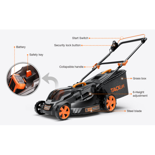 TACKLIFE 16-Inch 40V MAX(36V) Brushless Lawn Mower, 4.0AH Battery, 6 Mowing Heights