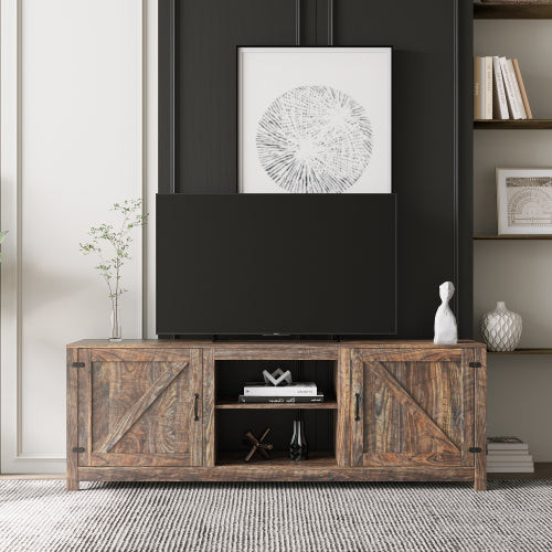 Farmhouse TV Stand, Wood Entertainment Center Media Console with Storage, Walnut