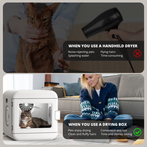 Pet Hair Dryer Box, Ultra Quiet Blow Dryer 6L Capacity for Cats and Small Dogs, Professional Fast Drying Blower