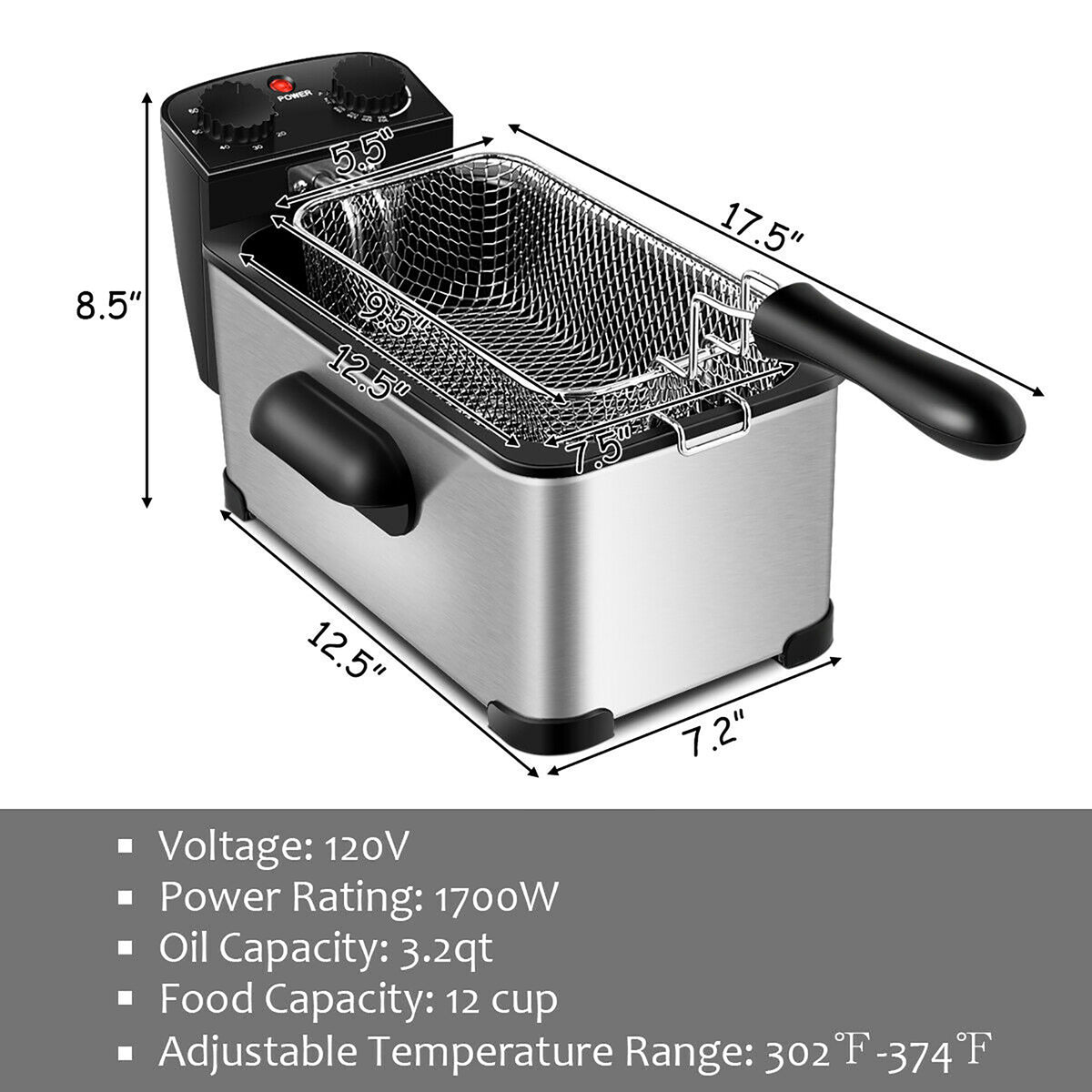 3.2 Quart Electric Deep Fryer 1700W Stainless Steel Timer Frying Baske ...