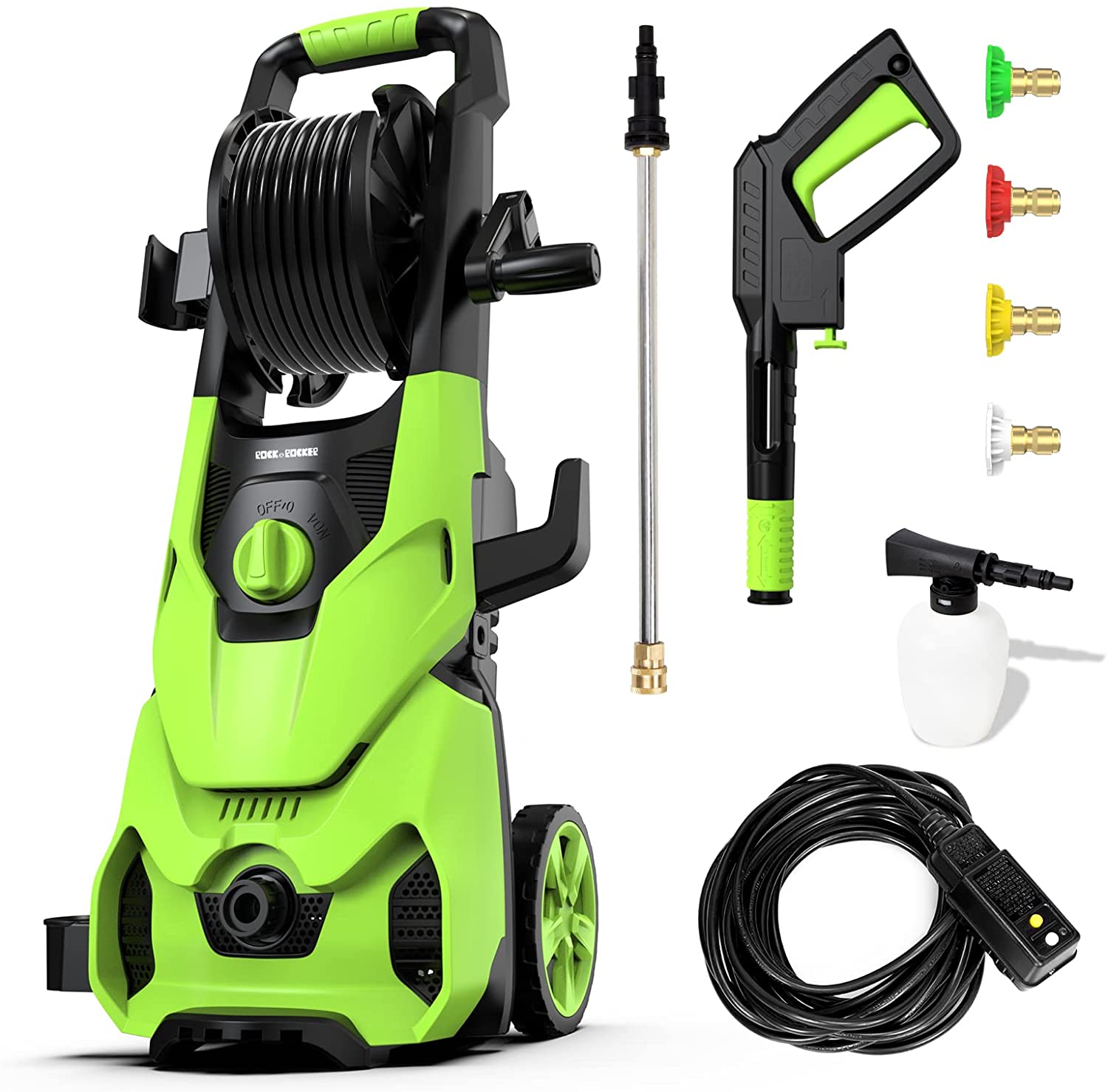 Powerful Electric Pressure Washer, 2150PSI Max 2.6 GPM Power Washer with Hose Reel, 4 Quick Connect Nozzles, Soap Tank, IPX5 Car Wash Machine /Car/Driveway/Patio Clean, Green