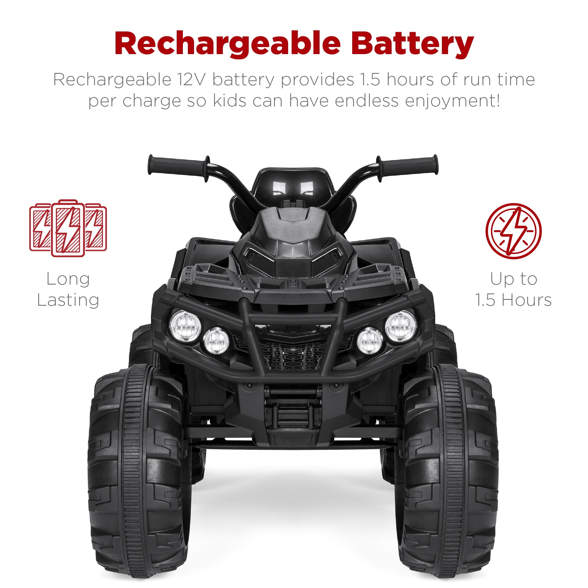2V Kids Ride-On ATV Quad w/ Bluetooth, 3.7mph Max, Treaded Tires, LED Lights, Radio - Black