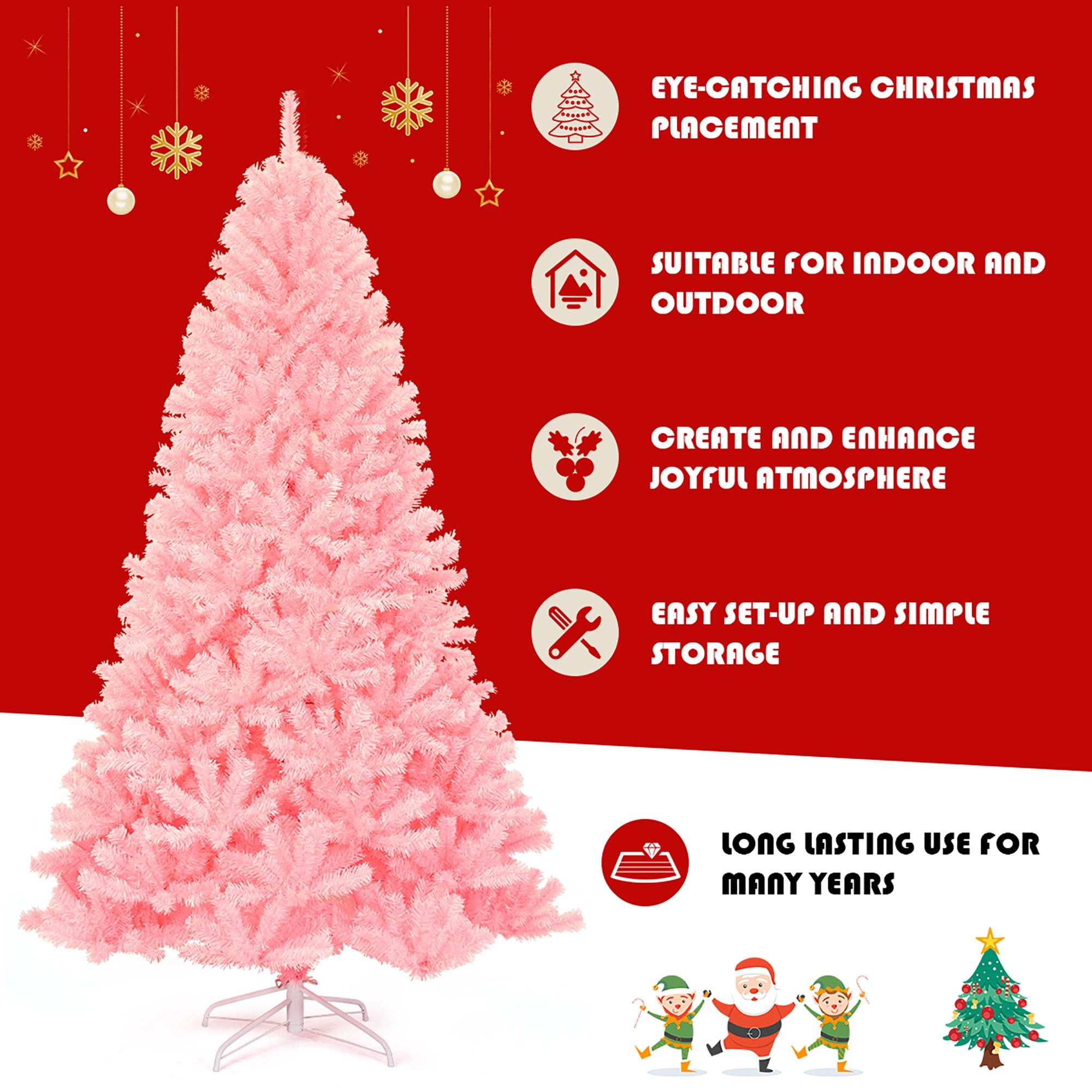 7.5Ft Hinged Artificial Christmas Tree Full Fir Tree New PVC w/ Metal Stand Pink
