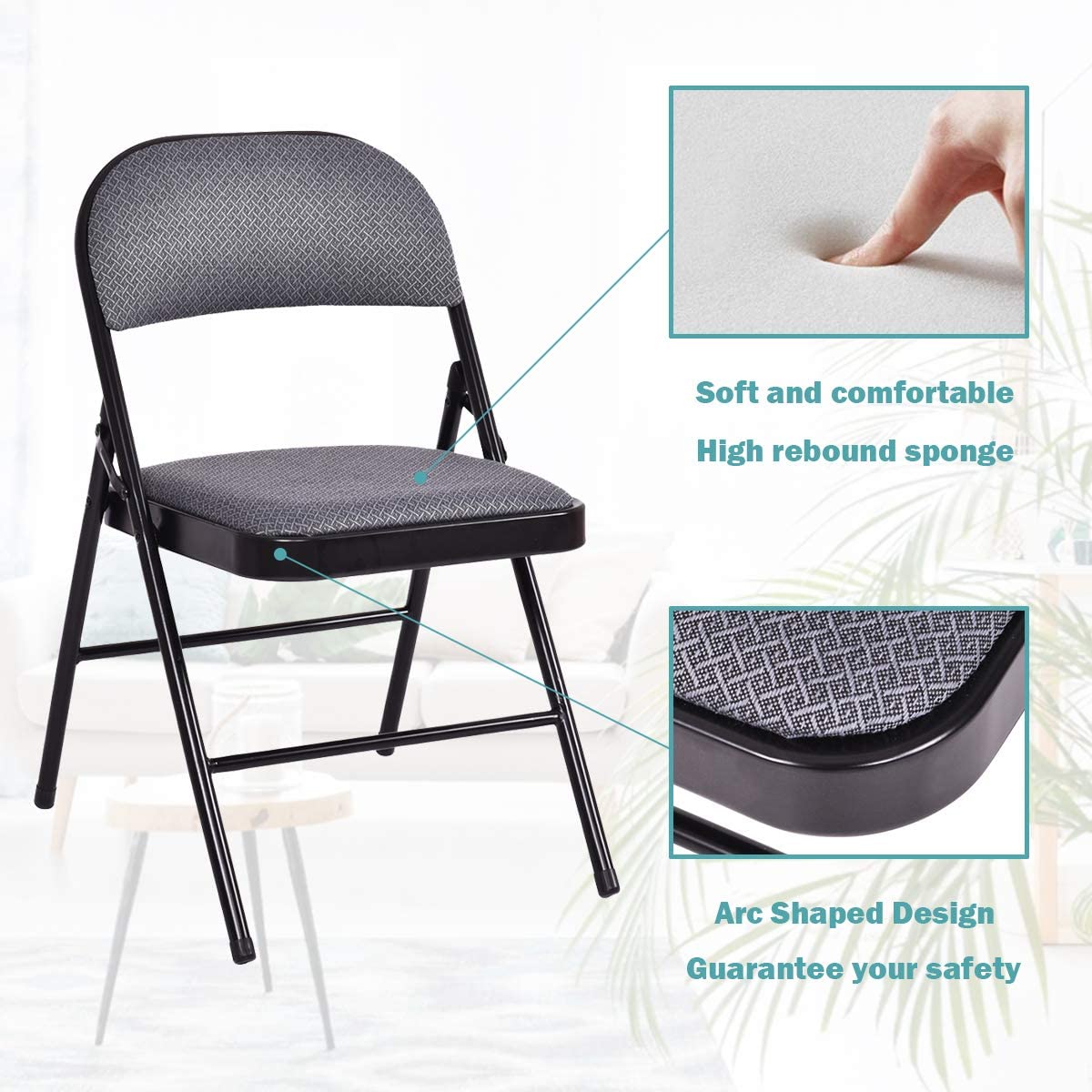 Set of 4 Folding Chairs Fabric Upholstered Padded Seat Metal Frame Home Office