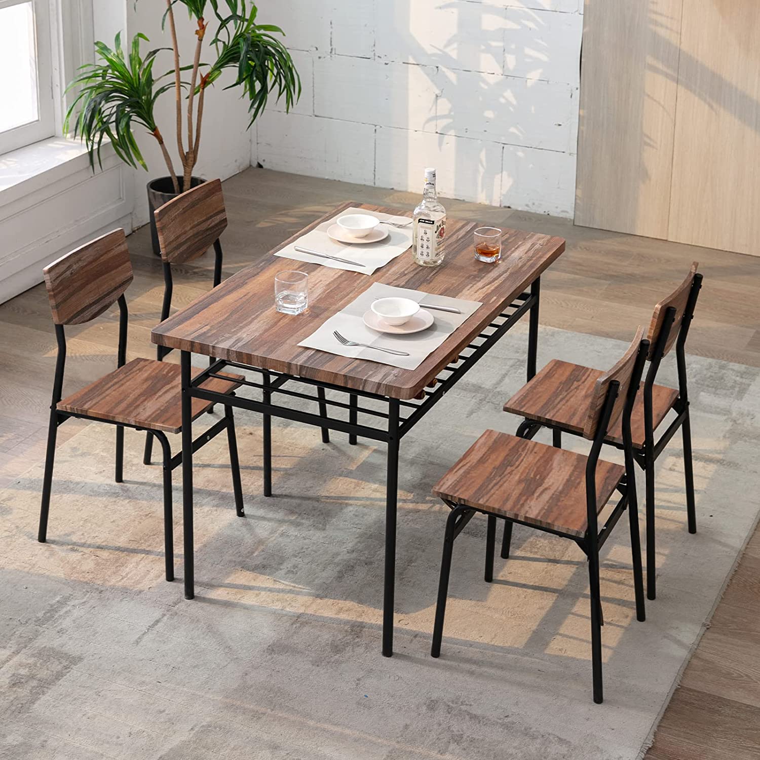 Dining Table Set 5-Piece Metal and Wood Rectangular Dining Room Table