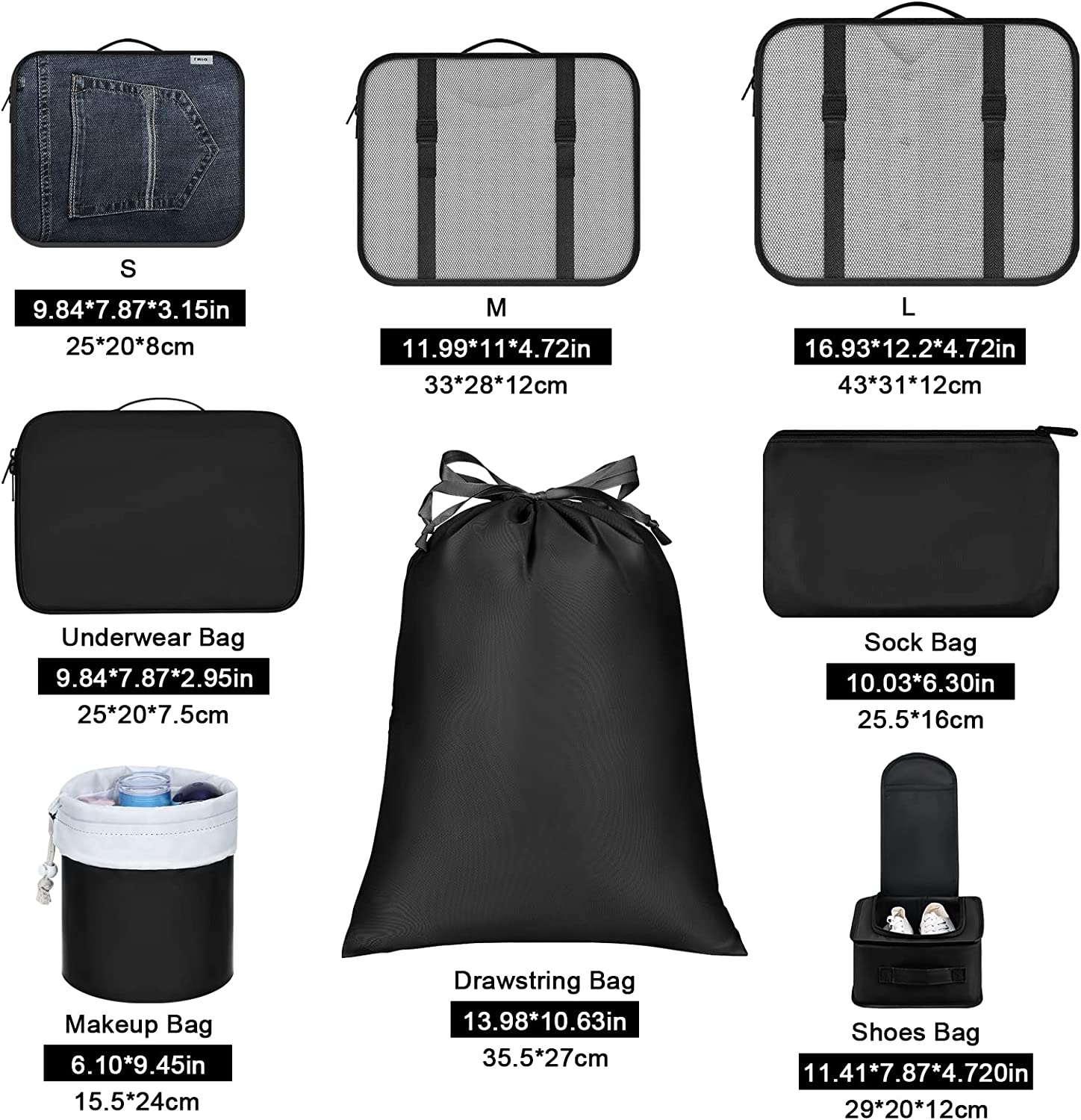 Packing Cubes 8 Pack, Travel Packing Cubes Set Suitcase Organizer Lightweight Luggage Packing Cubes for Carry on Suitcase with Travel Laundry Bags, Shoes Bag.£¨Black£©