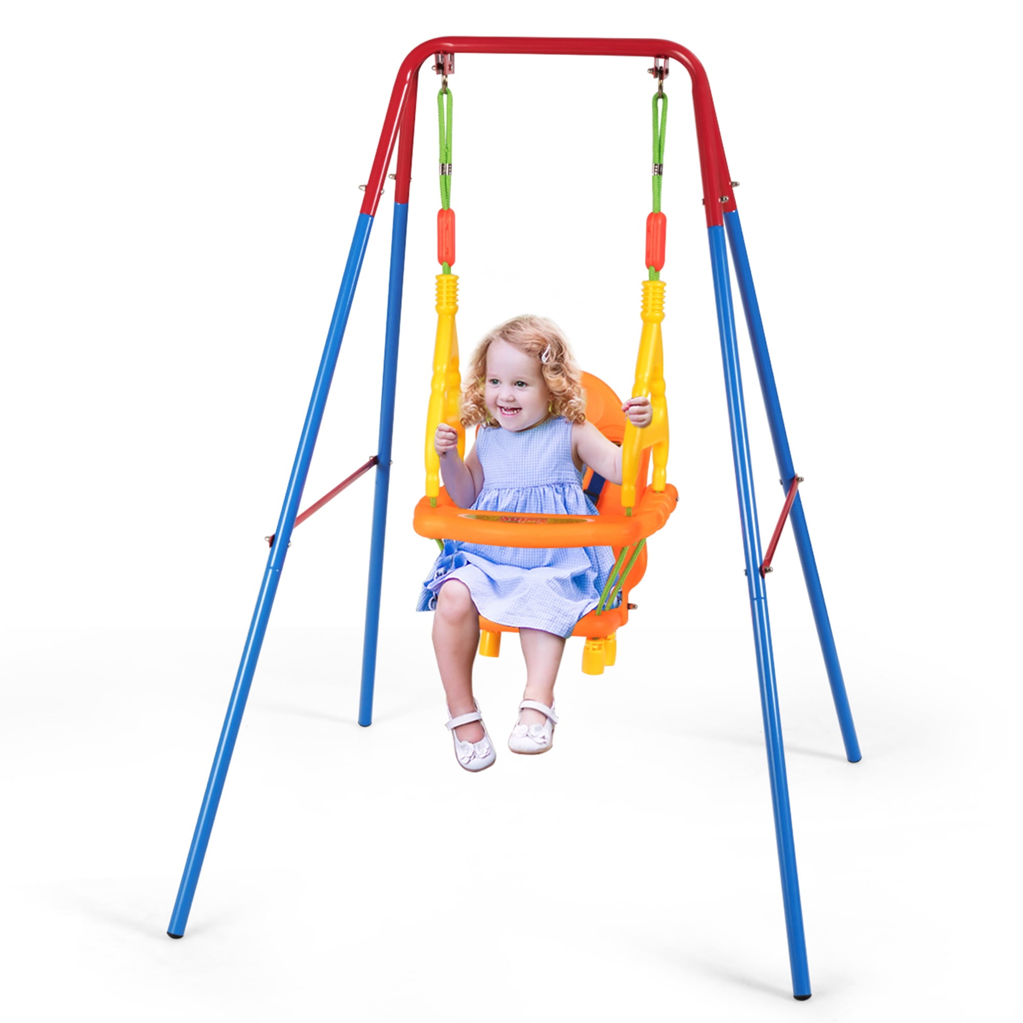 Toddler Swing Set High Back Seat w/ Handrails A-Frame Metal Swing Set Backyard
