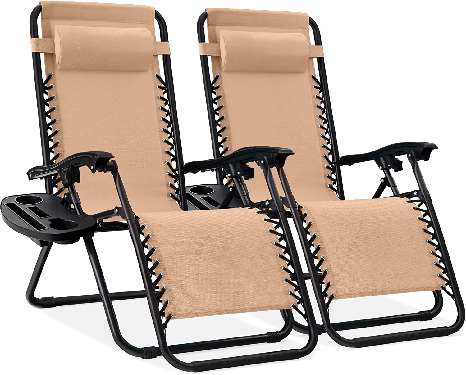 Products Set of 2 Adjustable Steel Mesh Zero Gravity Lounge Chair Recliners w/Pillows and Cup Holder Trays, Beige