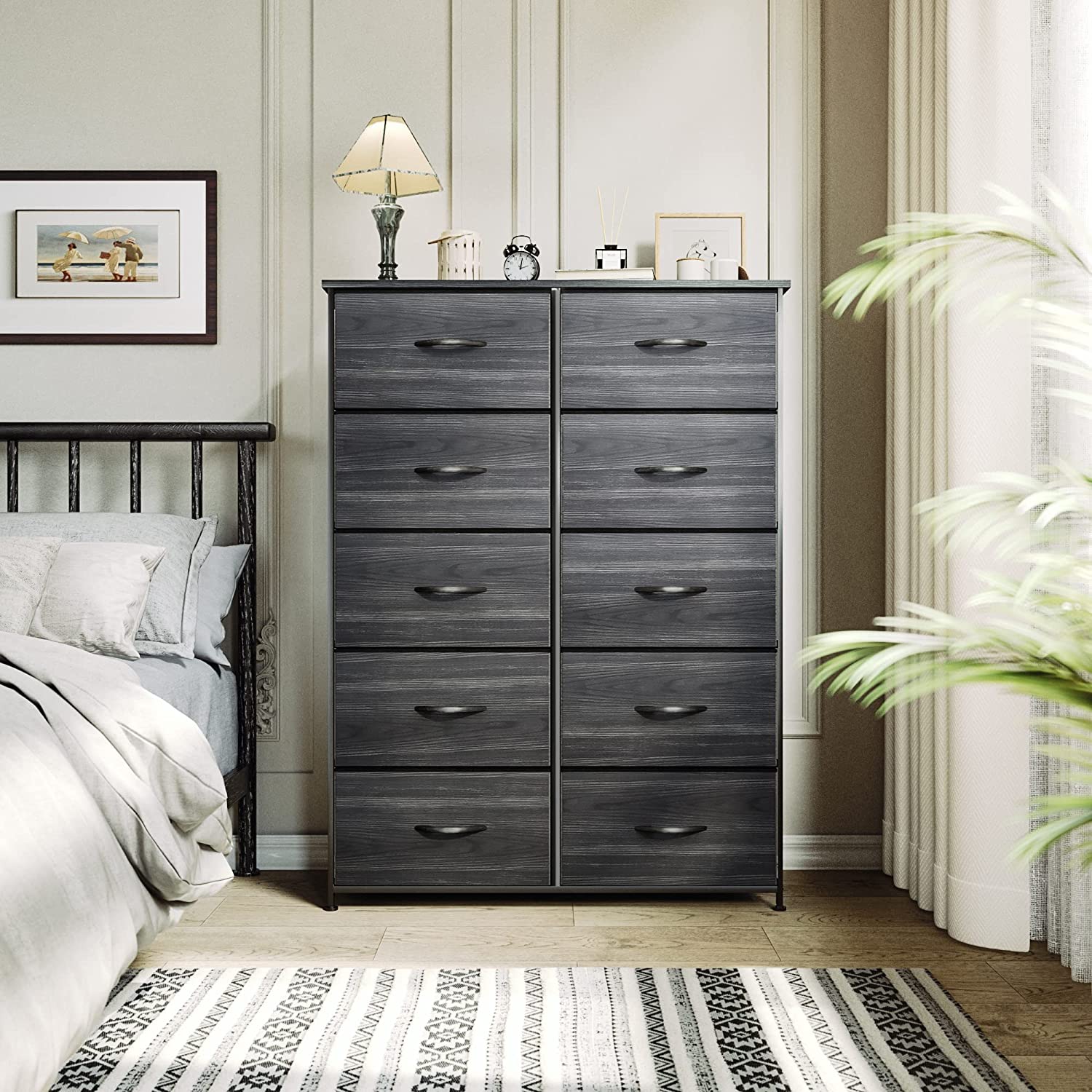 10 Drawer Dresser Fabric Storage Tower, Organizer Unit for Living Room, Hallway, Closets  Nursery - Sturdy Steel Frame, Wooden Top  Easy Pull Fabric Bins (Charcoal Black Wood Grain)