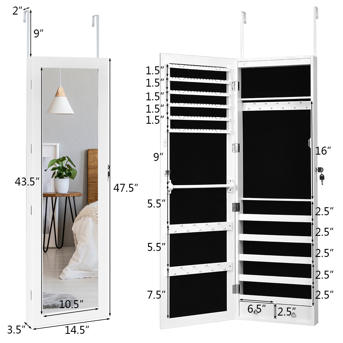 Wall Door Mounted Mirror Jewelry Cabinet Organizer w/LED Light