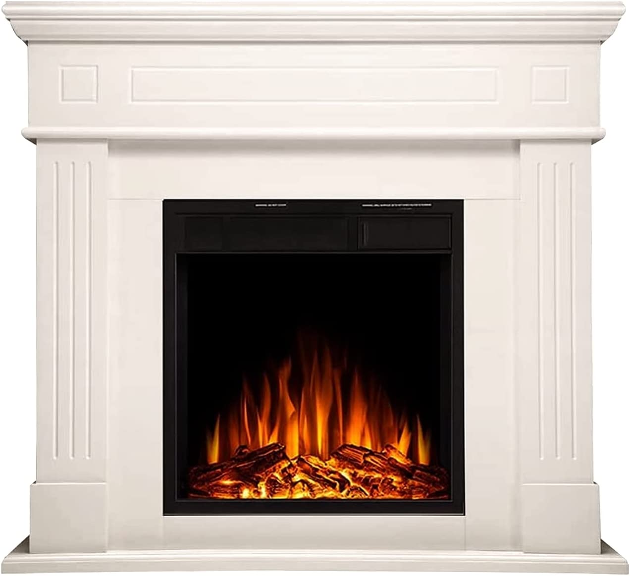 Electric Fireplace Mantel Wooden Surround Firebox, Freestanding Fireplace, Home Space Heather, Adjustable Led Flame, Remote Control,750W/1500W,Ivory White