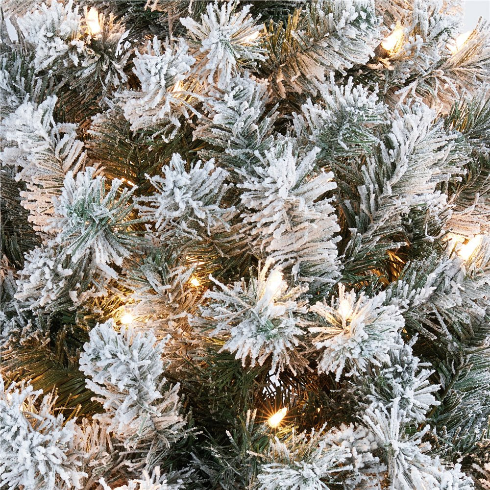 7.5Ft Pre-lit Flocked Artificial Christmas Tree with Foldable Stand and Warm Lights, Green
