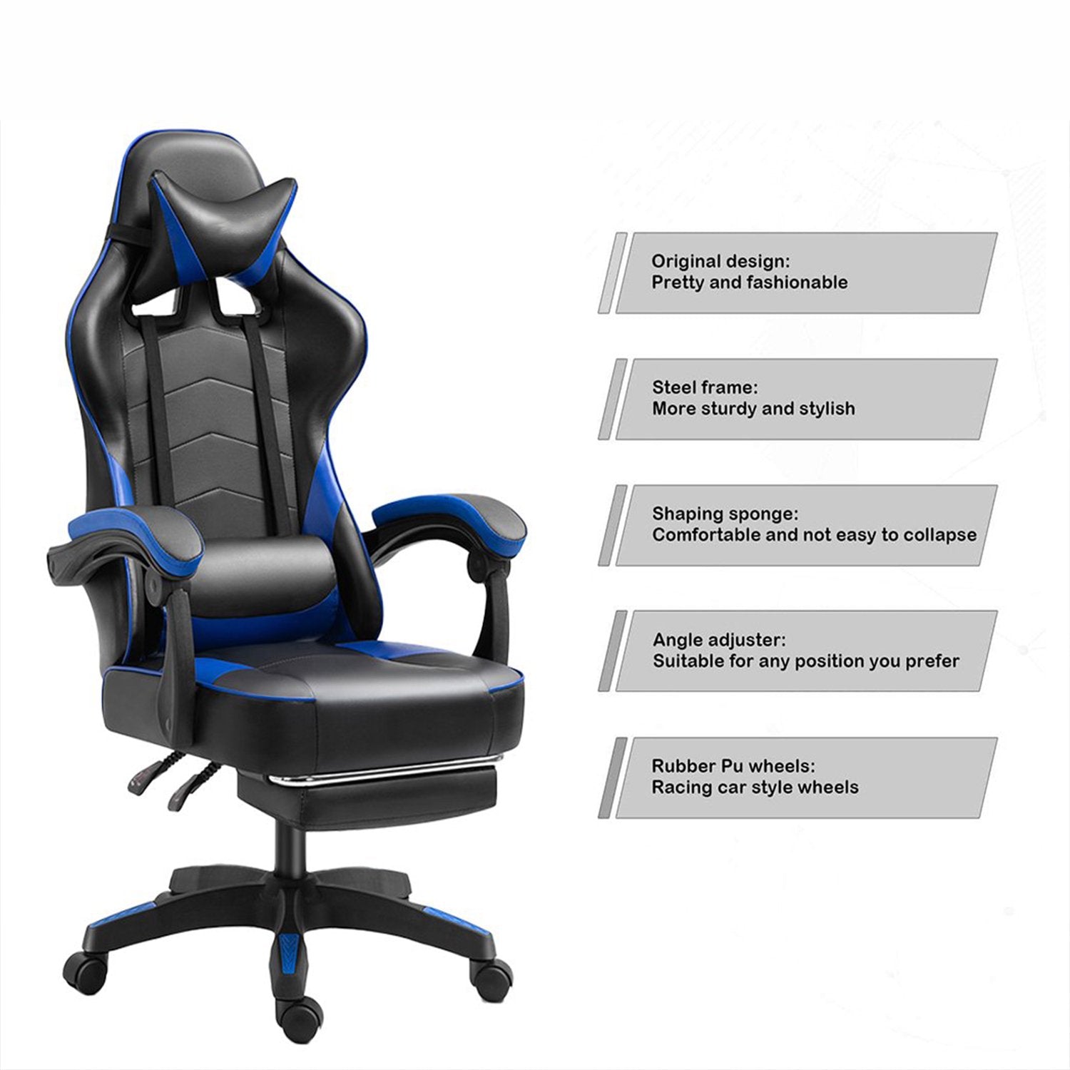 Gaming Chair Racing High Back Office Chair with Footrest Blue